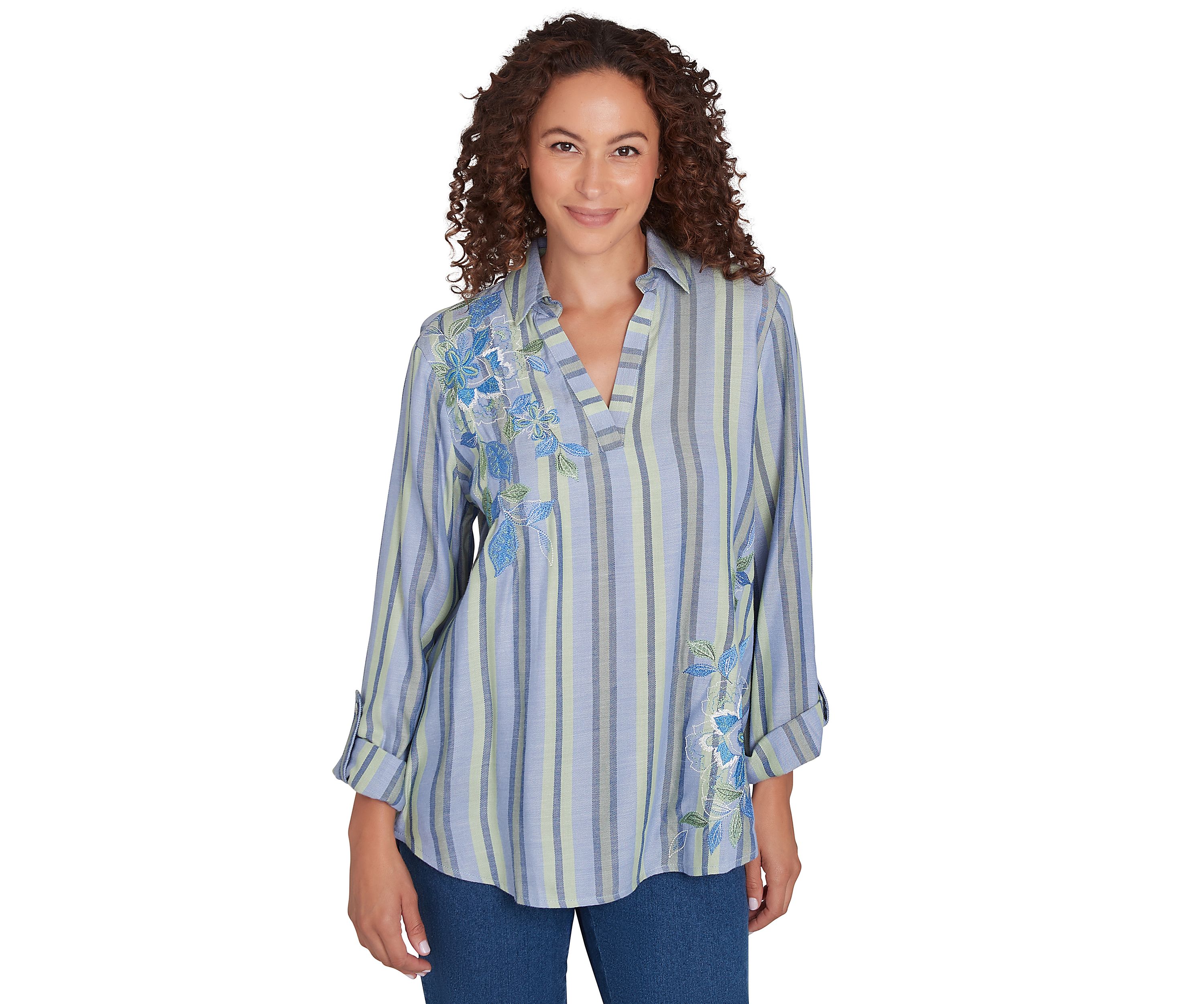 Womens Shirt Collar Floral Embroidered Striped Top