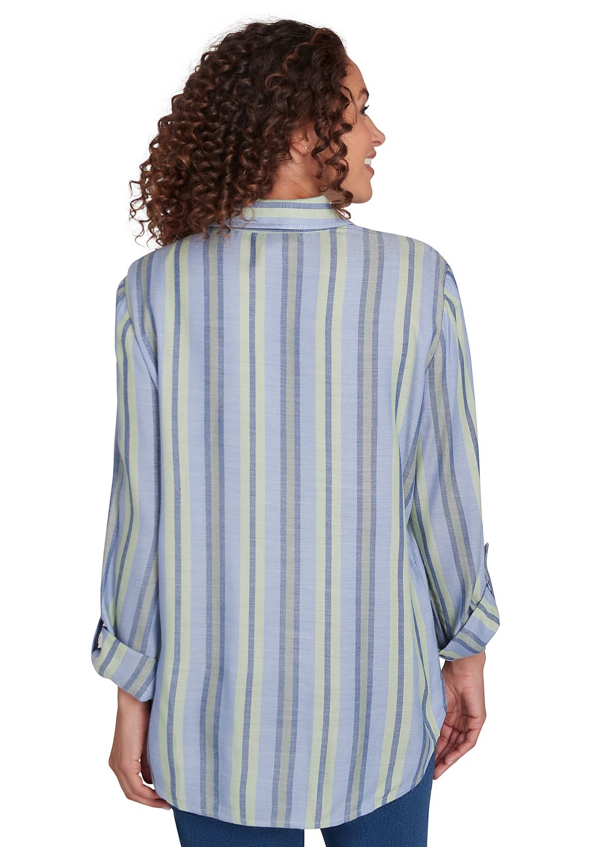 Womens Shirt Collar Floral Embroidered Striped Top