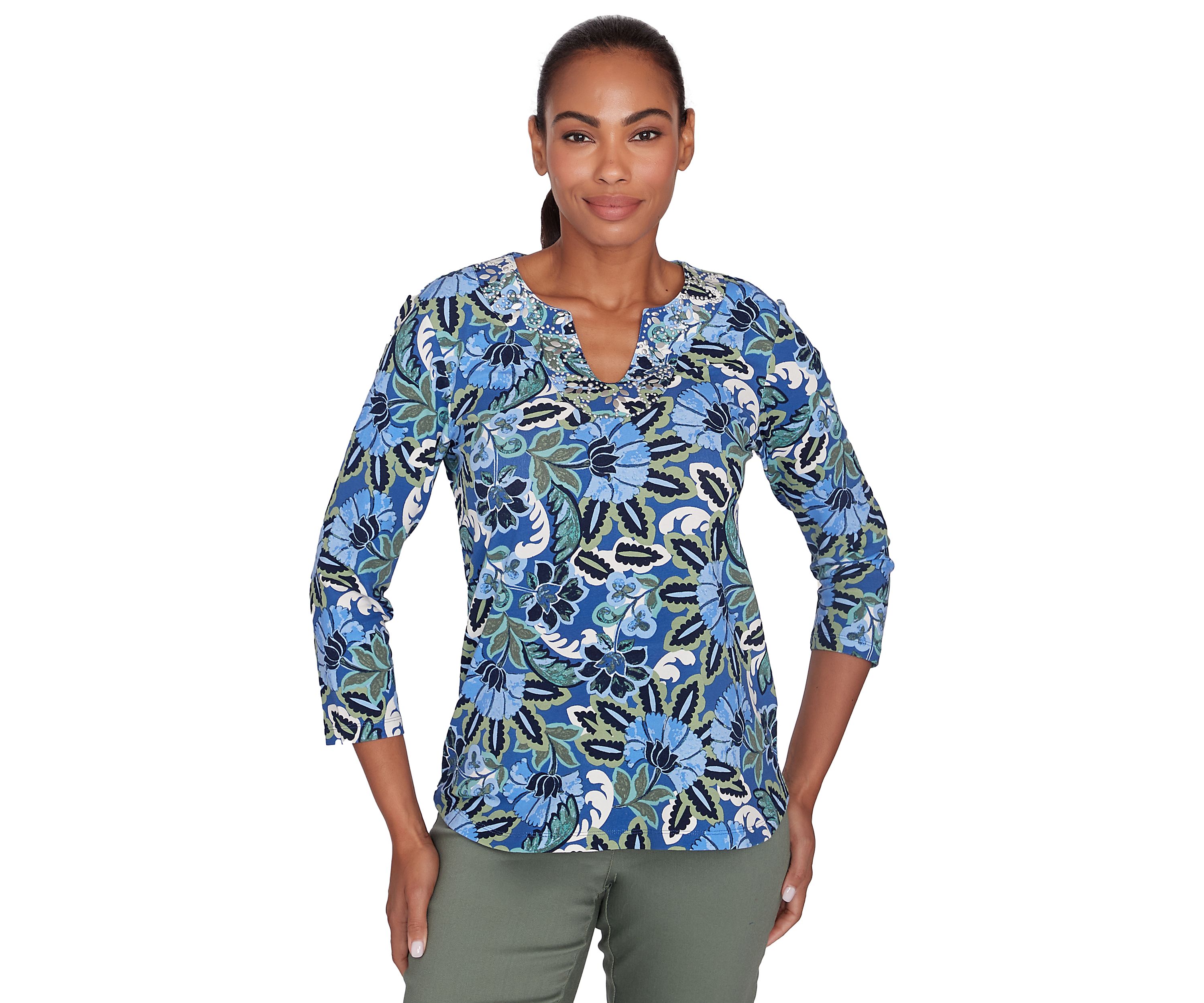 Womens Embellished Split Neck Floral Printed Knit Top