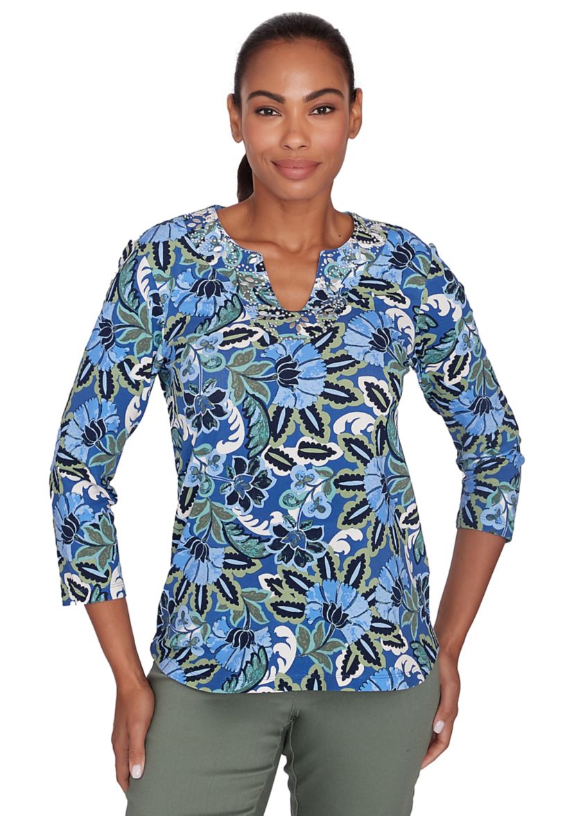 Womens Embellished Split Neck Floral Printed Knit Top