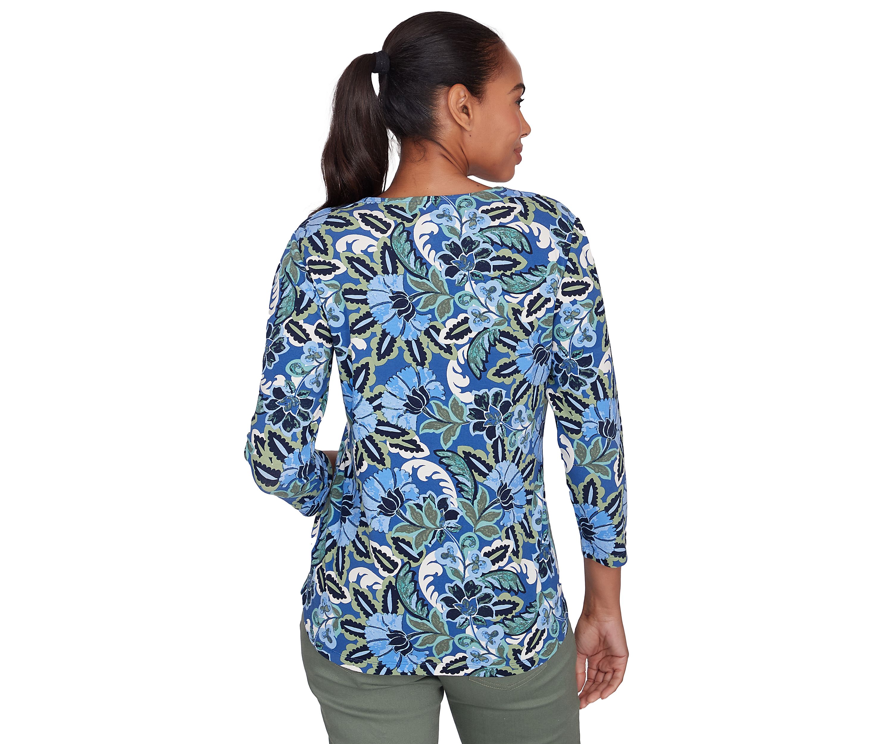 Womens Embellished Split Neck Floral Printed Knit Top