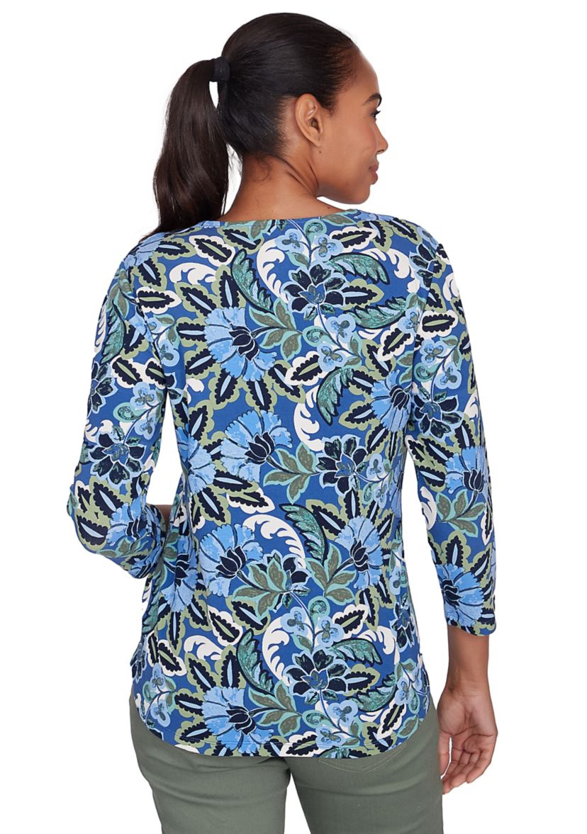 Womens Embellished Split Neck Floral Printed Knit Top