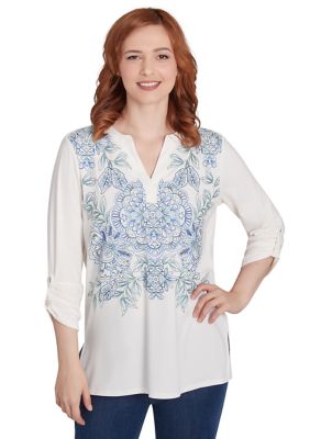 Ruby Rd Women's V-Neck Floral Placement Embroidered Knit Top