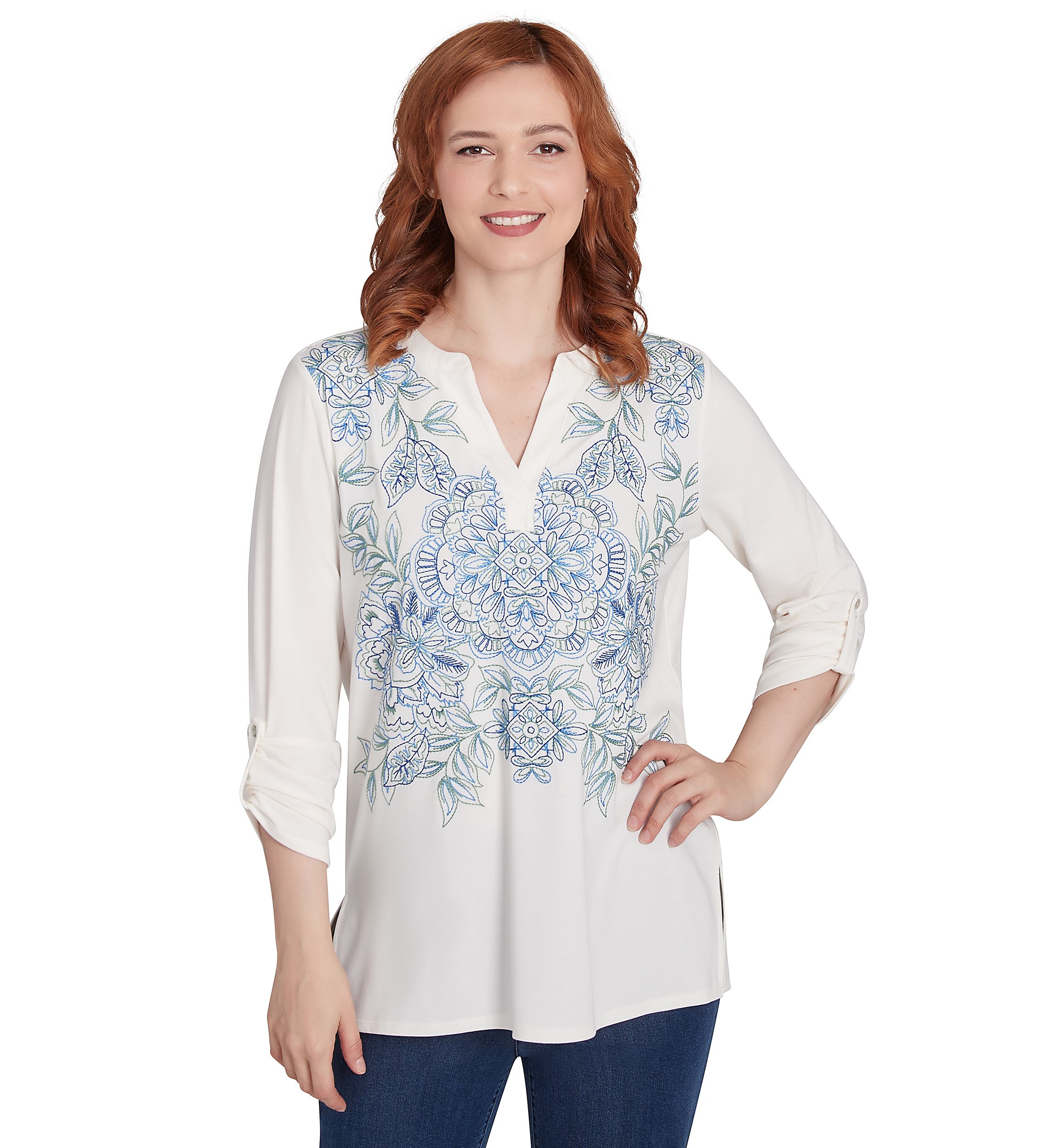 Womens V-Neck Floral Placement Embroidered Knit Top