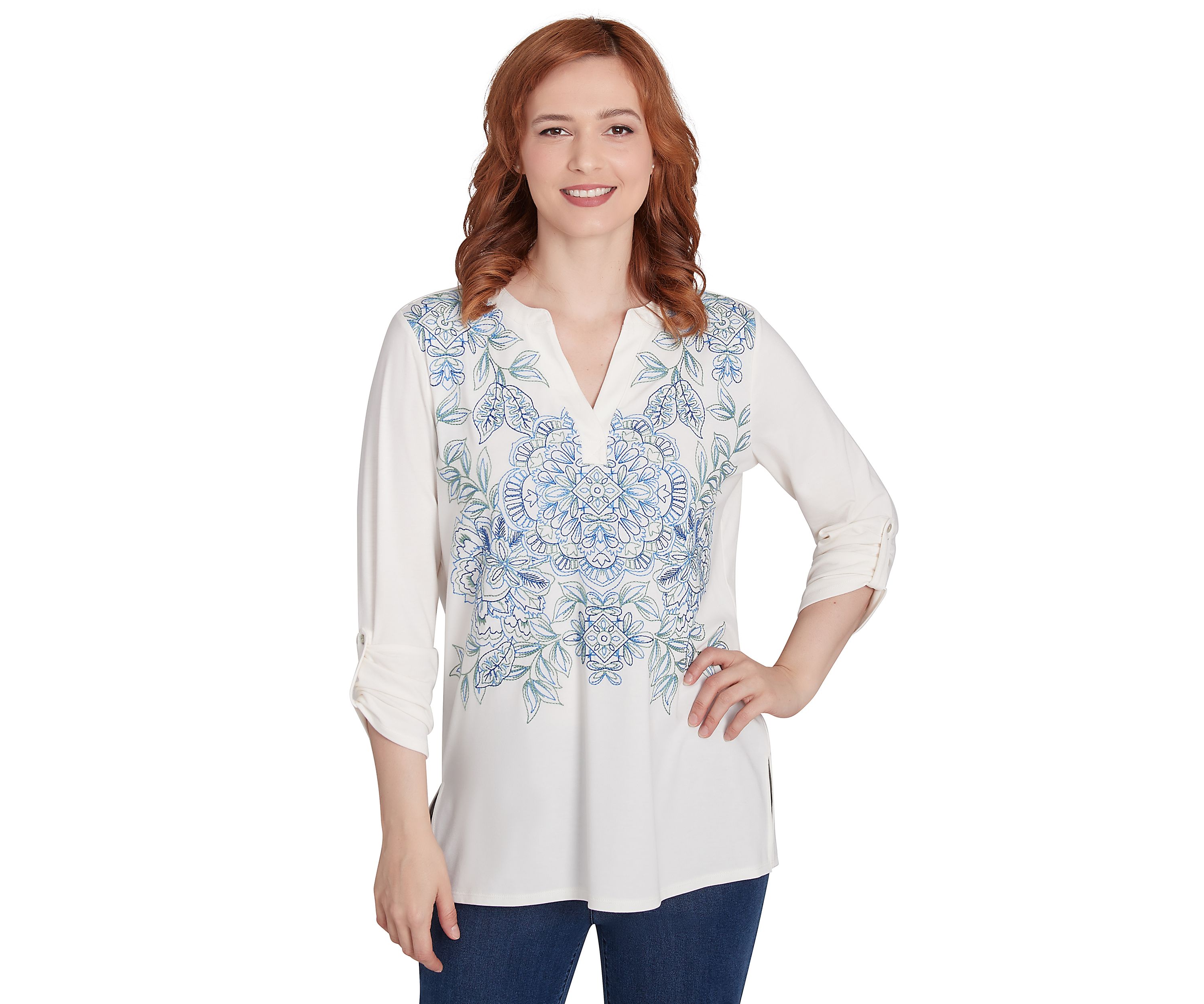 Womens V-Neck Floral Placement Embroidered Knit Top