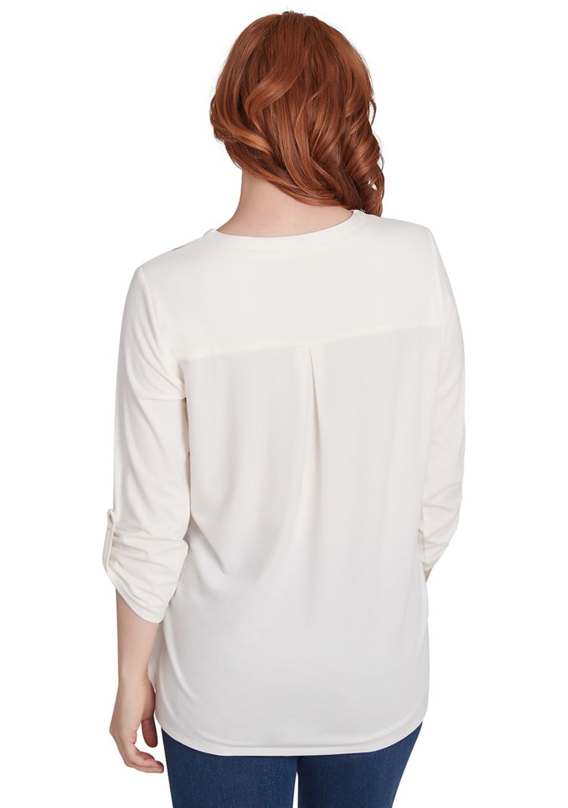 Womens V-Neck Floral Placement Embroidered Knit Top