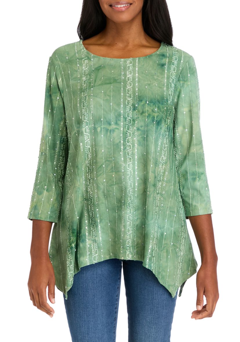 Womens Scoop Neck Textured Sequin Knit Shark Bite Top