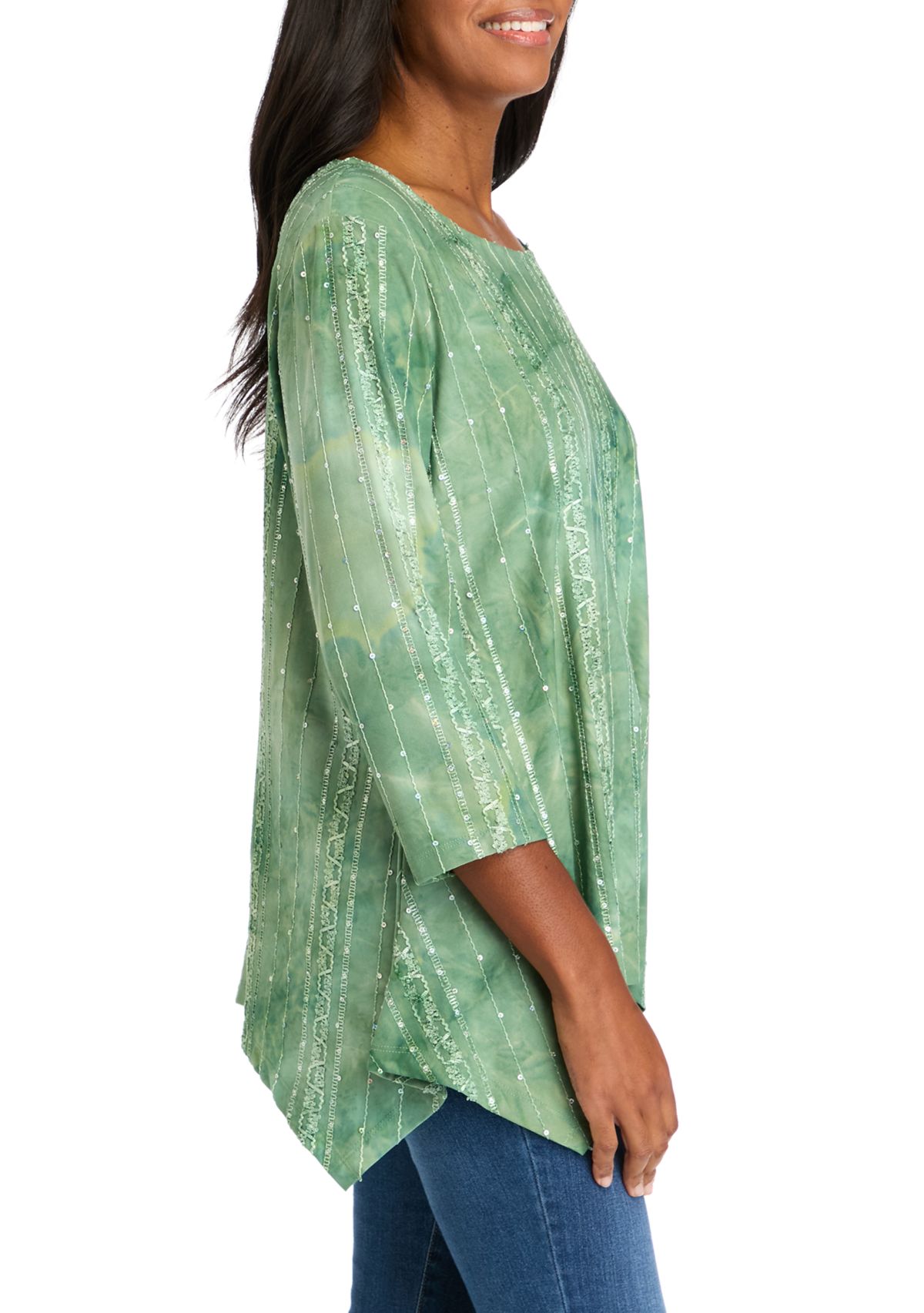 Womens Scoop Neck Textured Sequin Knit Shark Bite Top