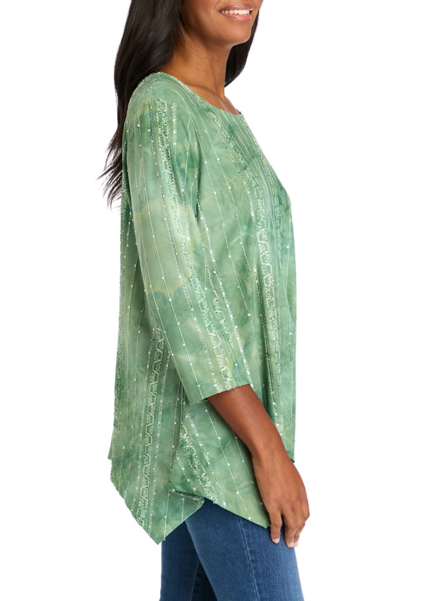 Womens Scoop Neck Textured Sequin Knit Shark Bite Top