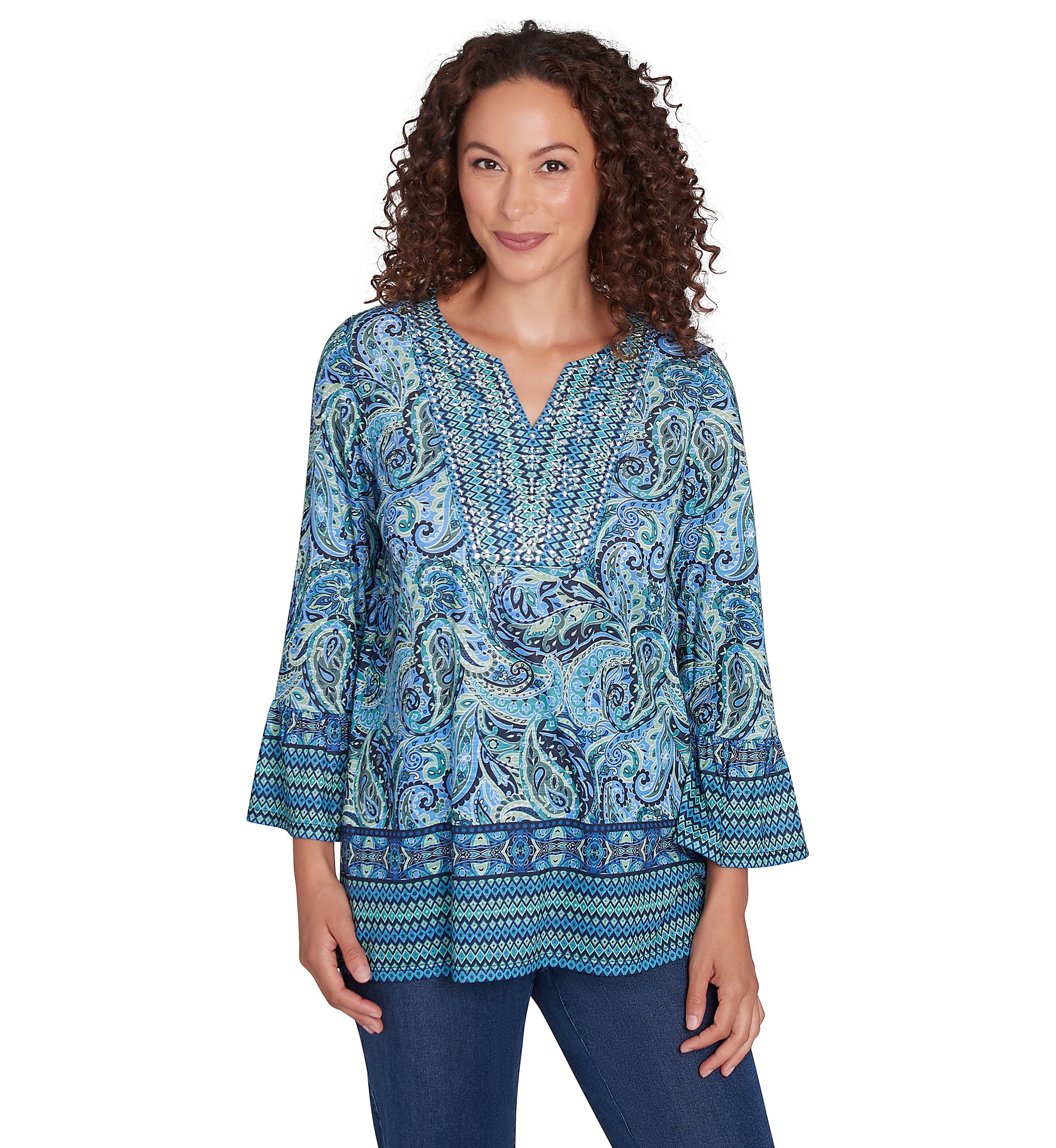 Womens Embellished Placket Paisley Print Slub Jersey Top