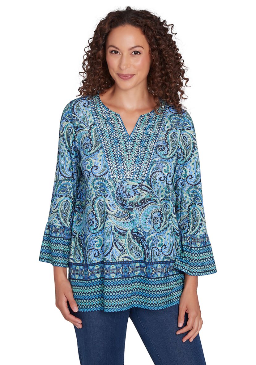 Womens Embellished Placket Paisley Print Slub Jersey Top