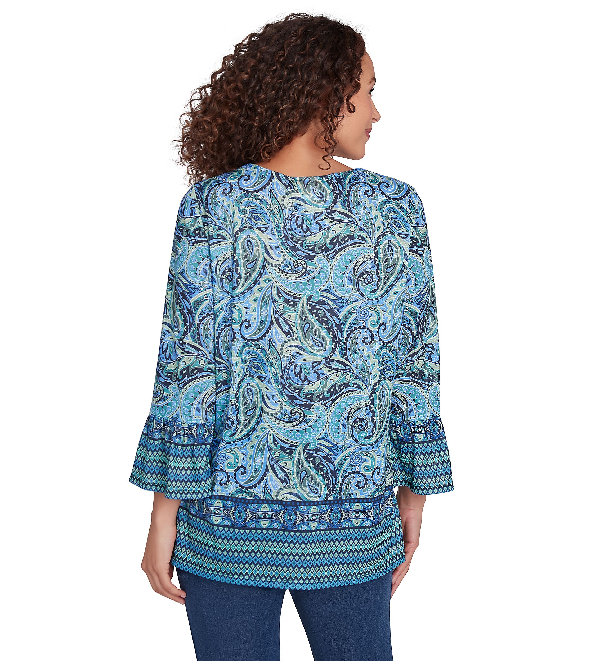 Womens Embellished Placket Paisley Print Slub Jersey Top