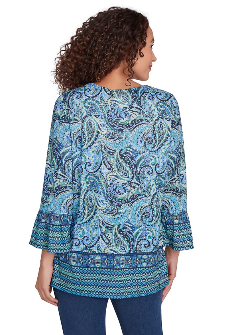Womens Embellished Placket Paisley Print Slub Jersey Top