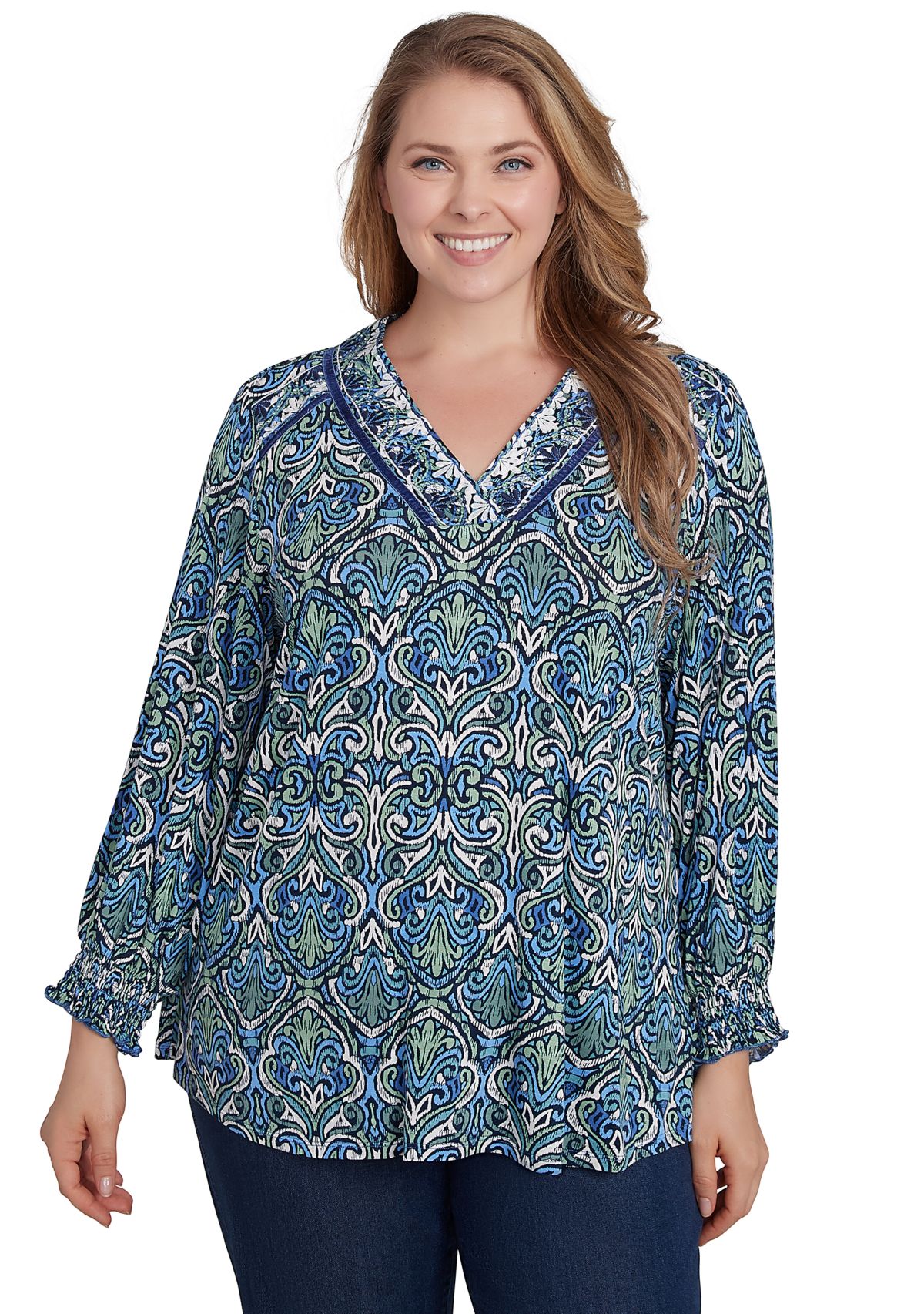 Plus Size Embroidered V-Neck Medallion Print Knit Top with Ruched Sleeves