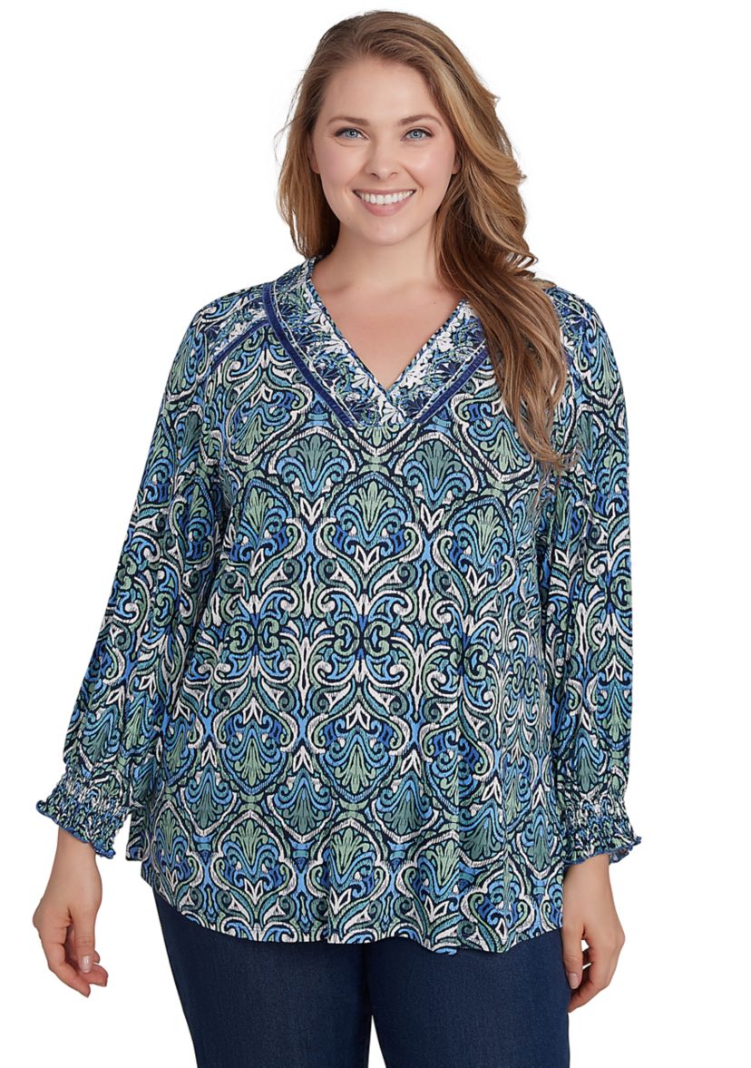 Plus Size Embroidered V-Neck Medallion Print Knit Top with Ruched Sleeves