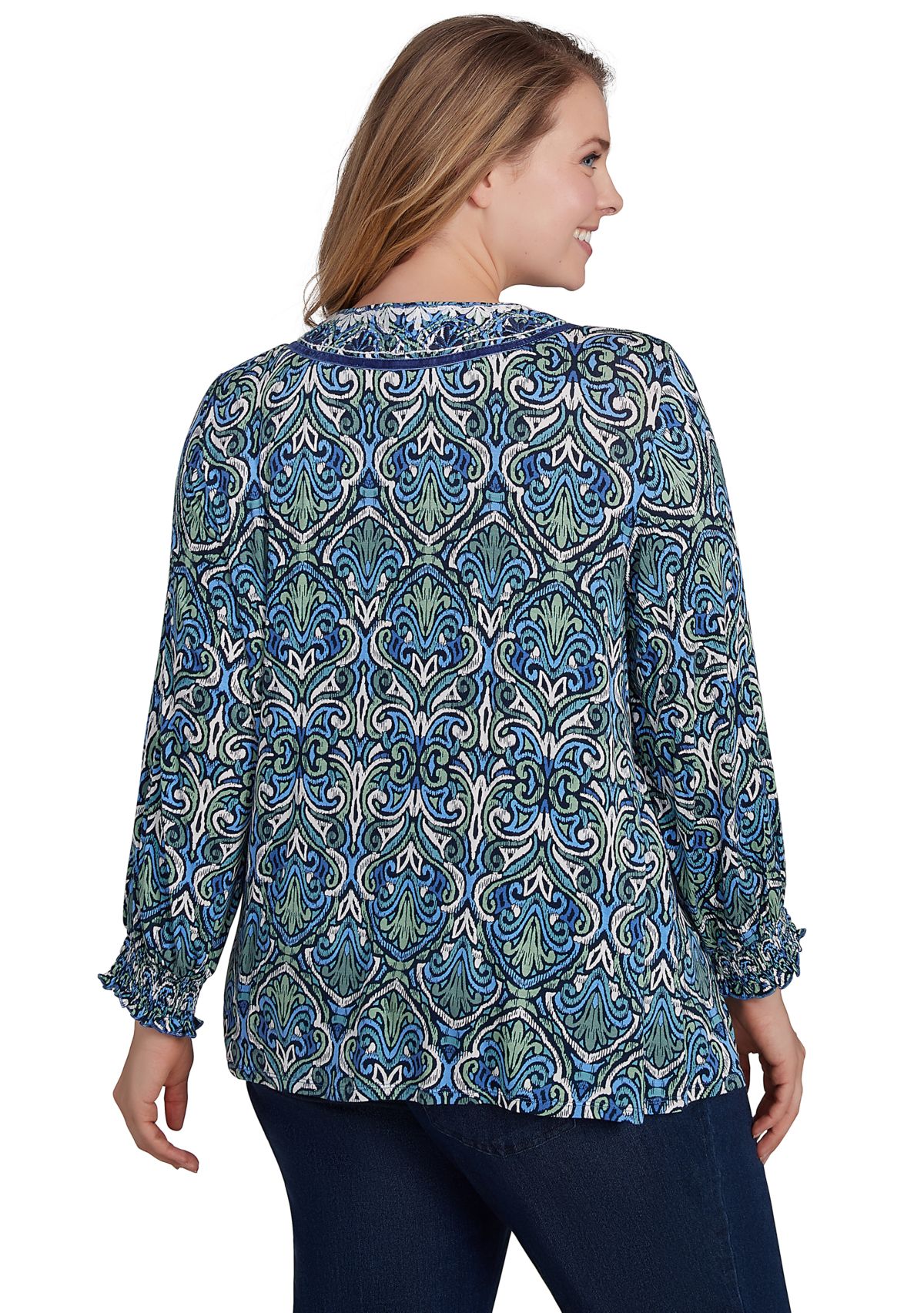 Plus Size Embroidered V-Neck Medallion Print Knit Top with Ruched Sleeves