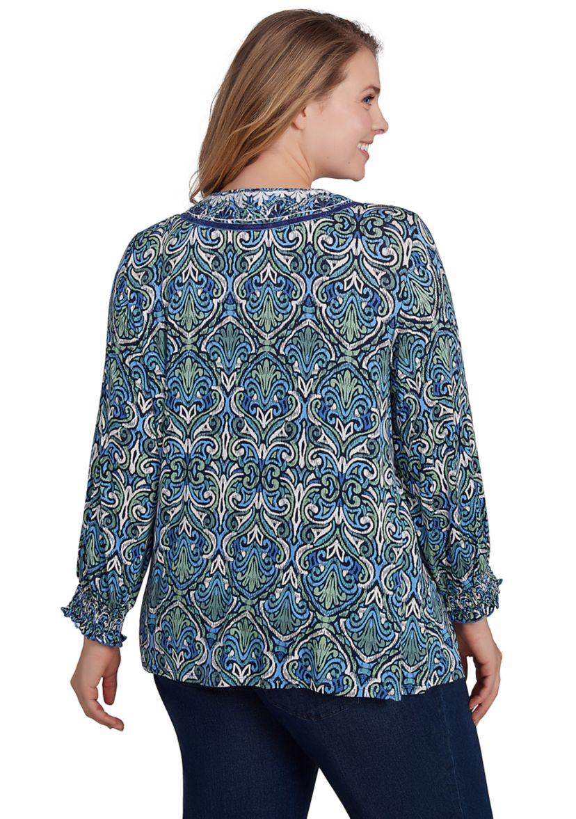Plus Size Embroidered V-Neck Medallion Print Knit Top with Ruched Sleeves