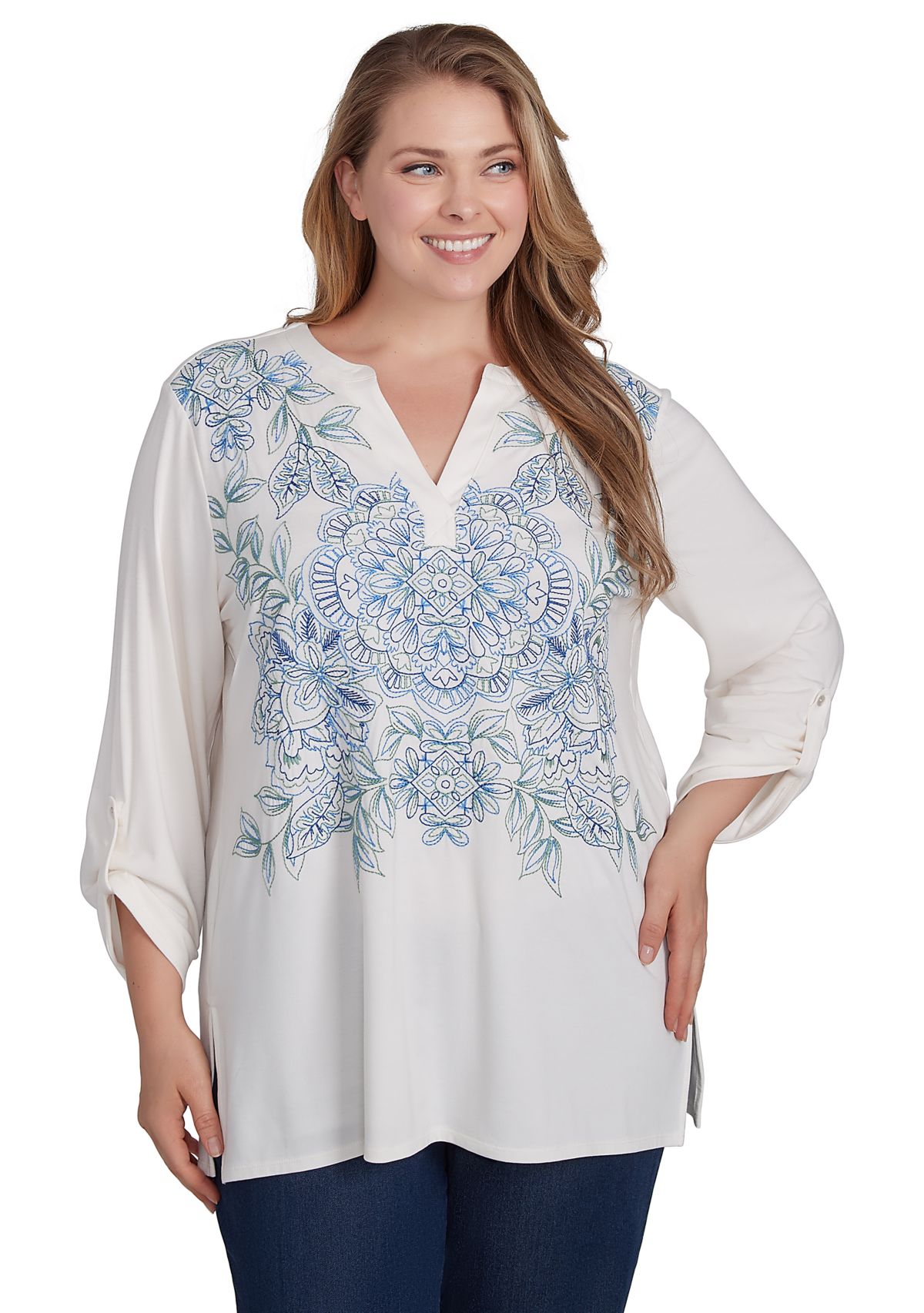 Plus Size V-Neck Floral Placement Embroidered Knit Top