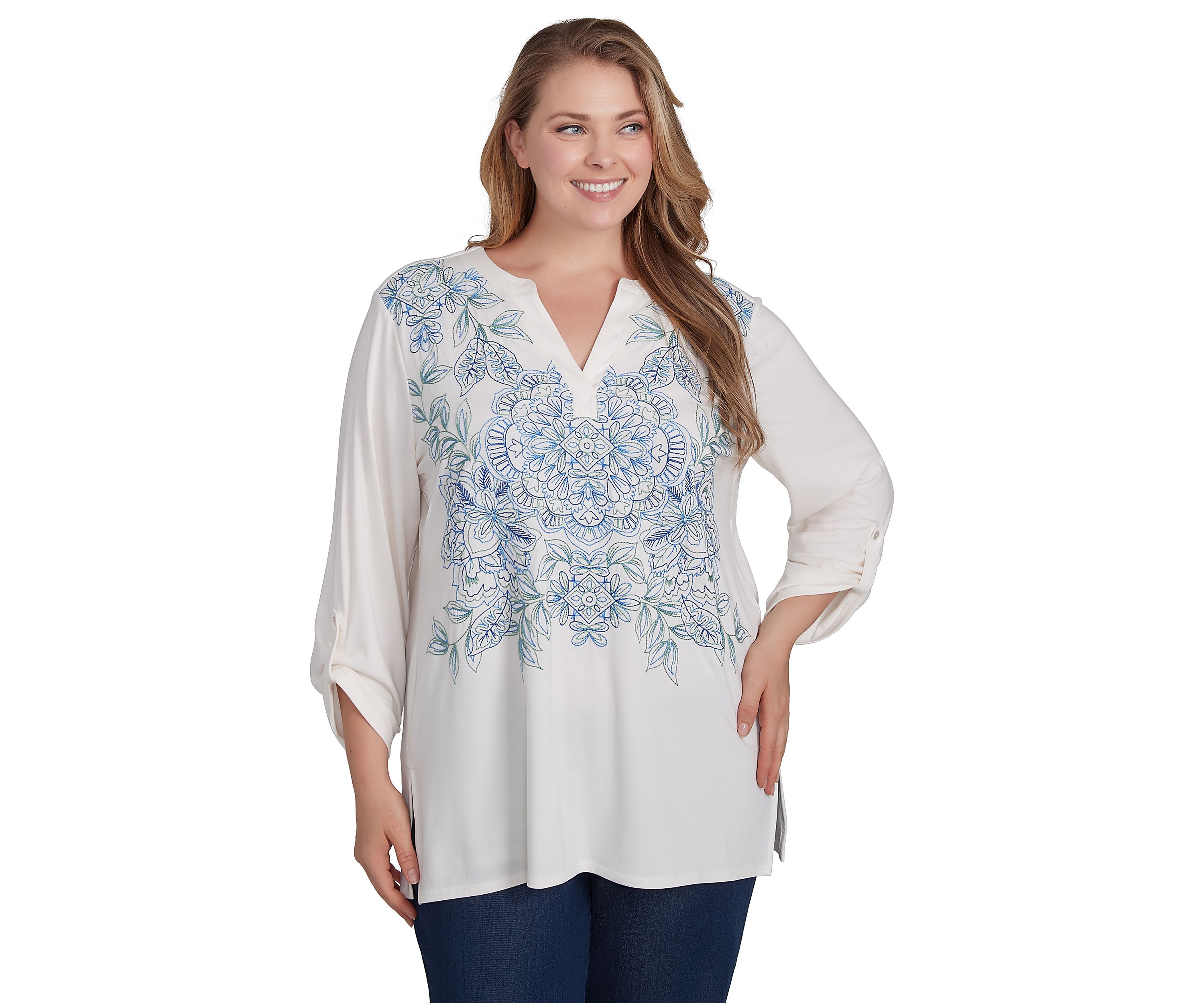 Plus Size V-Neck Floral Placement Embroidered Knit Top