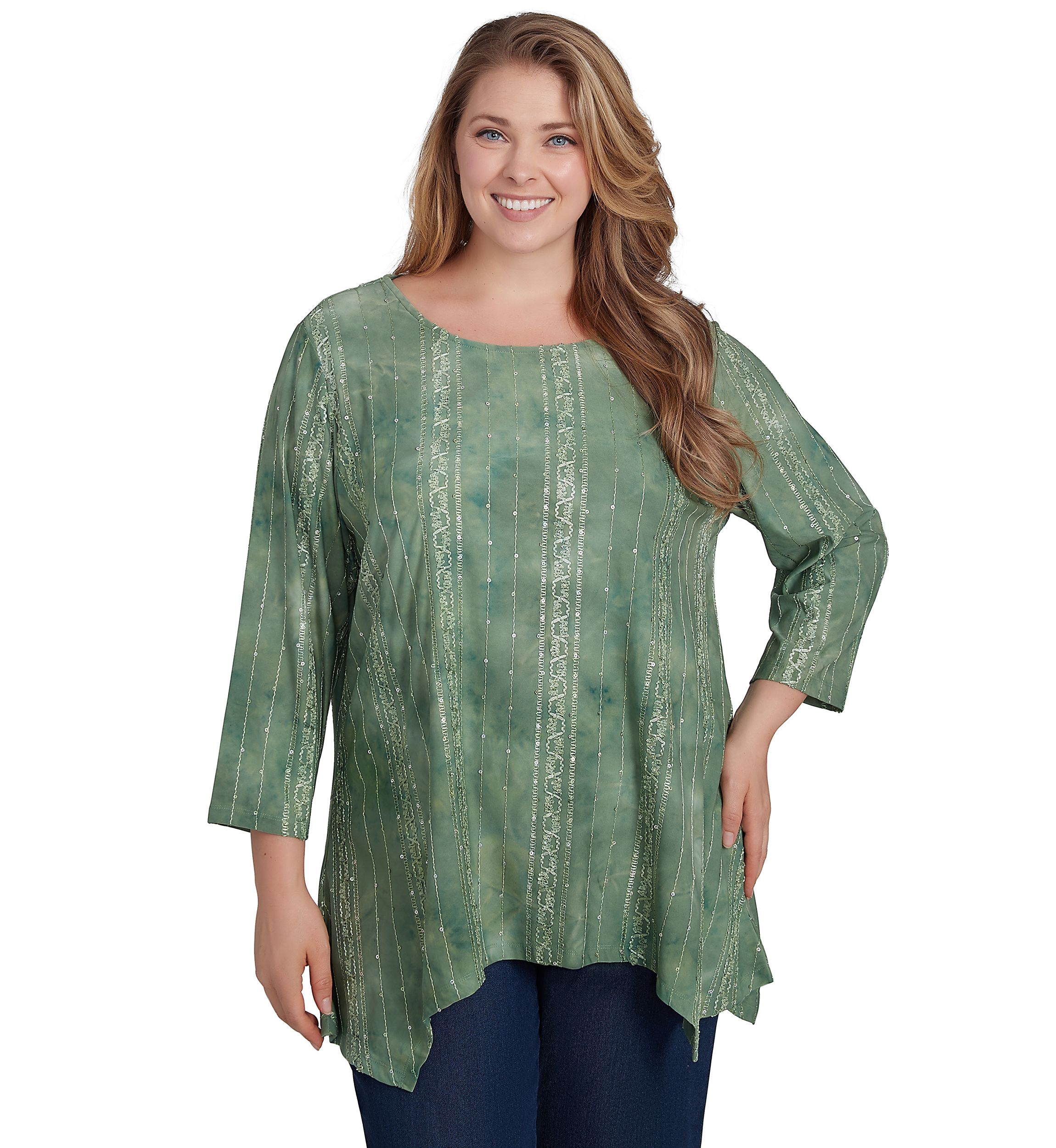 Plus Size Scoop Neck Textured Sequin Knit Sharkbite Top