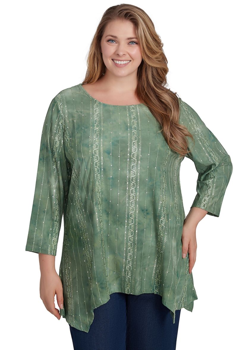 Plus Size Scoop Neck Textured Sequin Knit Sharkbite Top