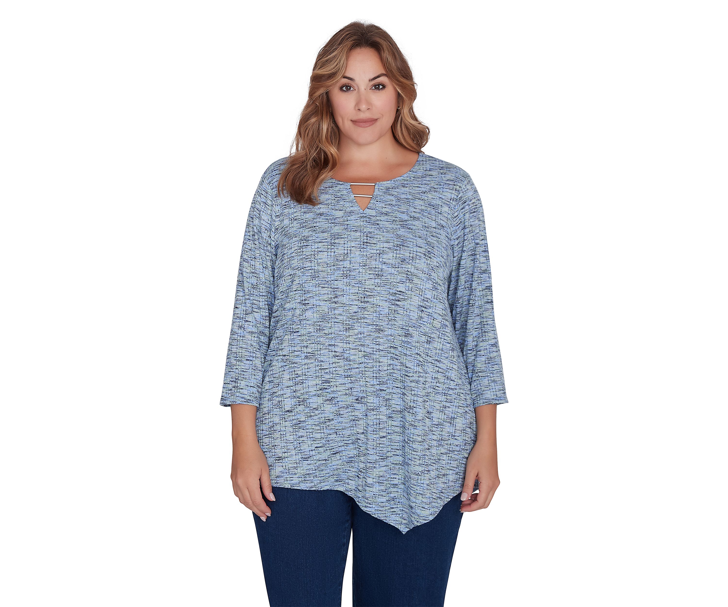 Plus Size Keyhole Neck with Bar Detail Space Dye Knit Top