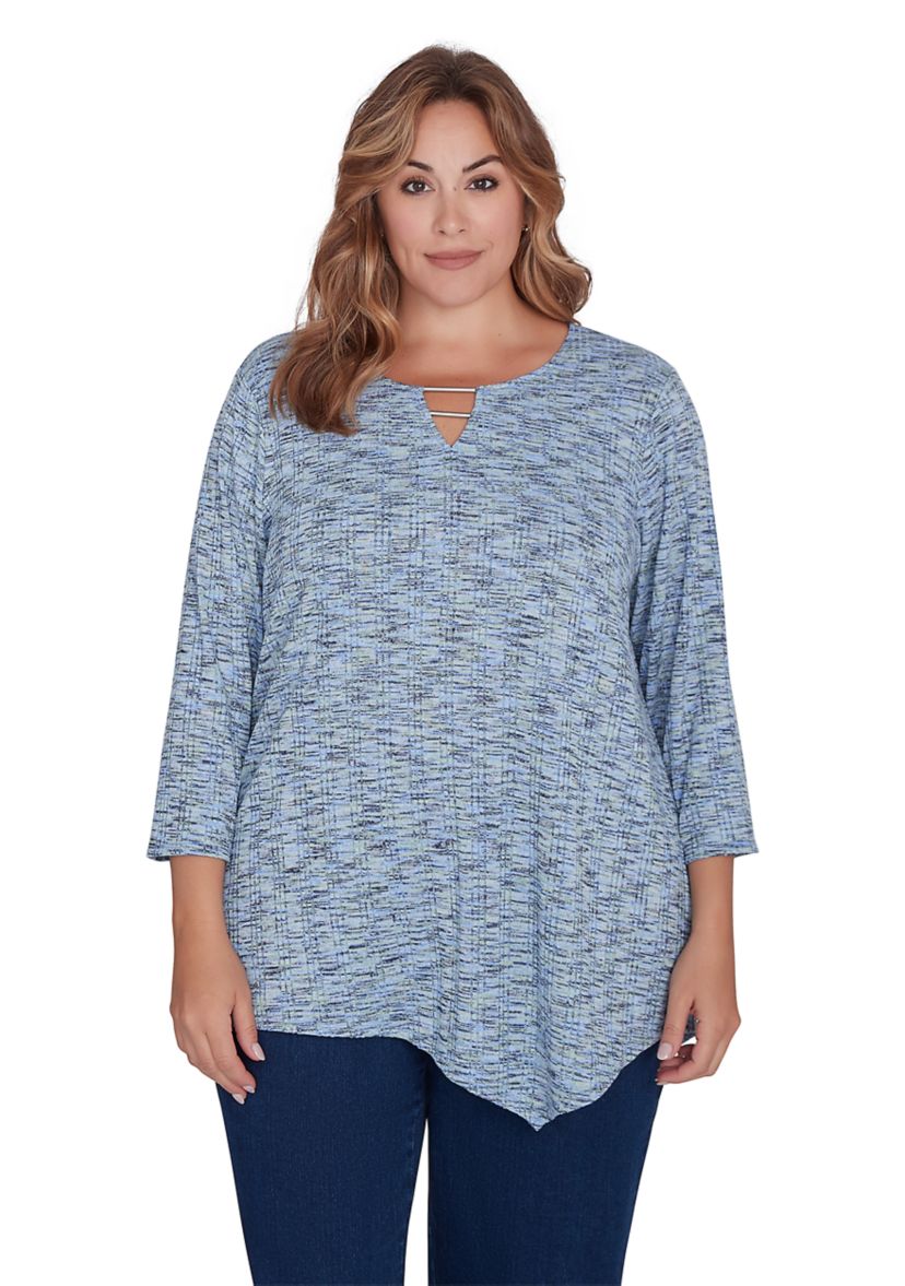 Plus Size Keyhole Neck with Bar Detail Space Dye Knit Top