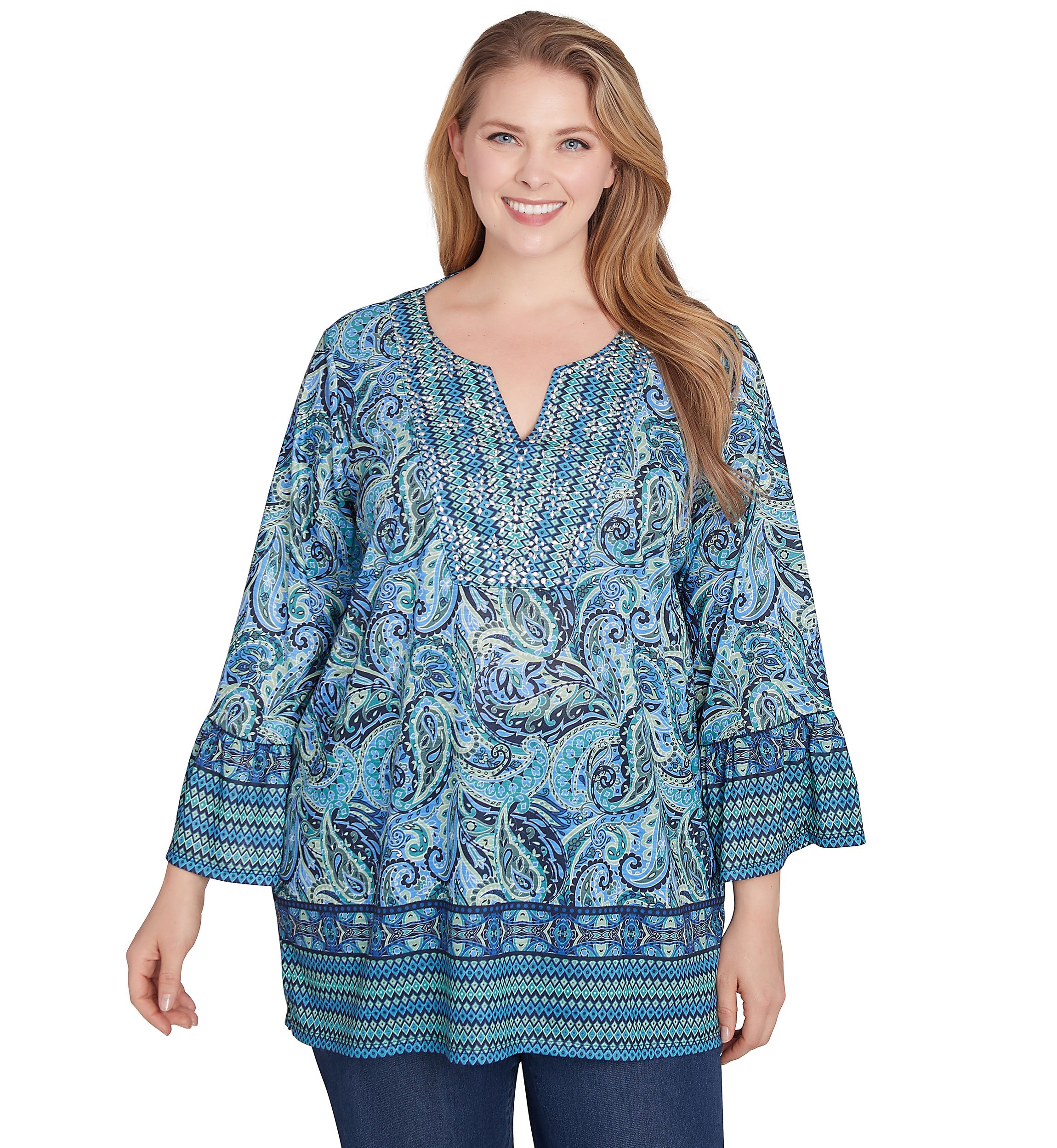Plus Size Embellished Placket Paisley Print Slub Jersey Top