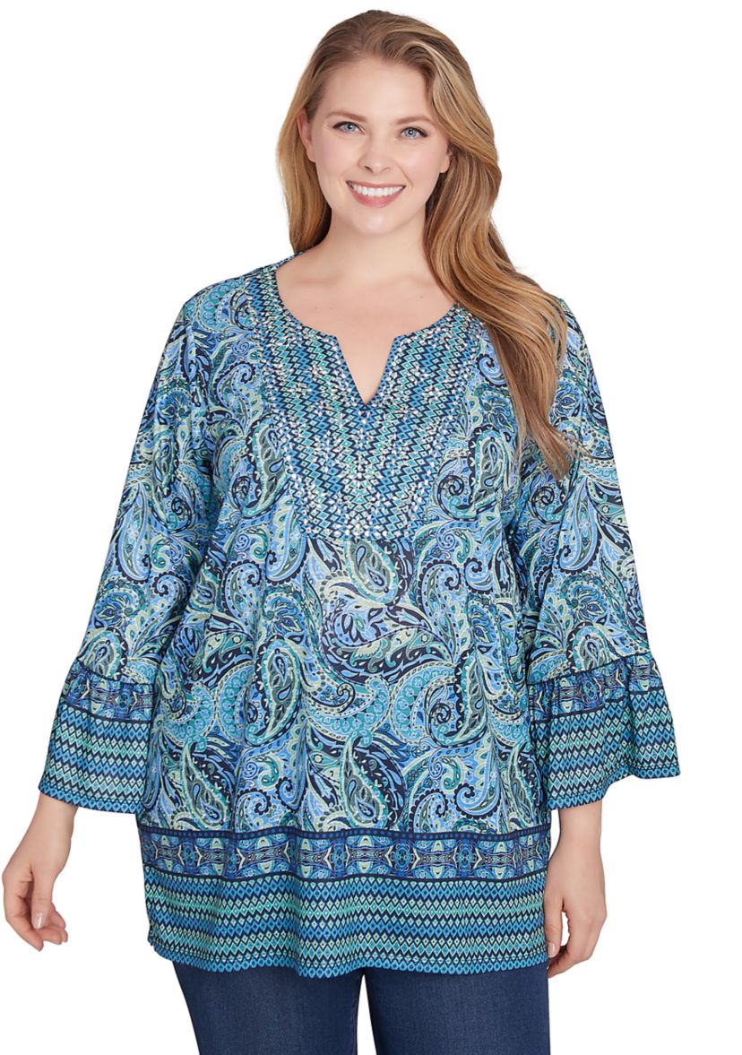 Plus Size Embellished Placket Paisley Print Slub Jersey Top