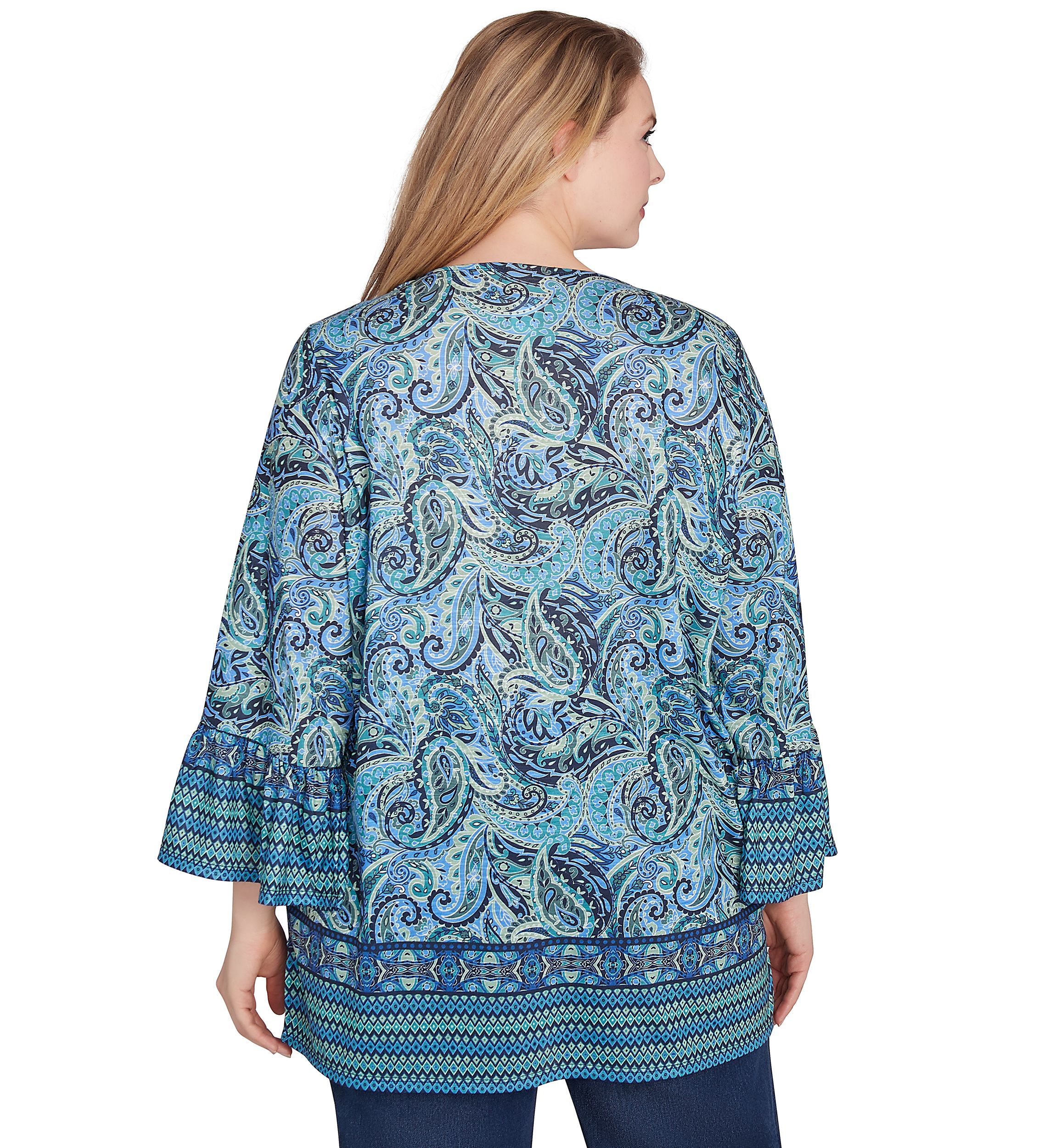 Plus Size Embellished Placket Paisley Print Slub Jersey Top