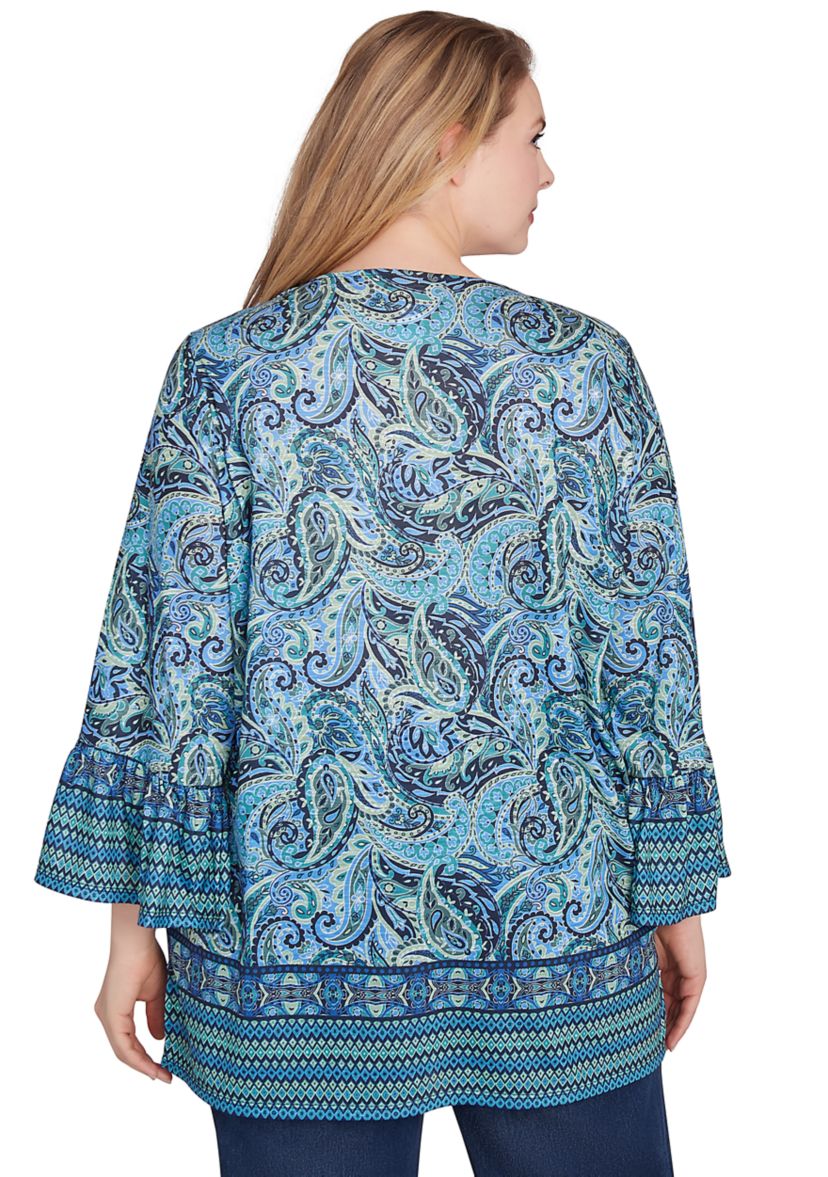 Plus Size Embellished Placket Paisley Print Slub Jersey Top