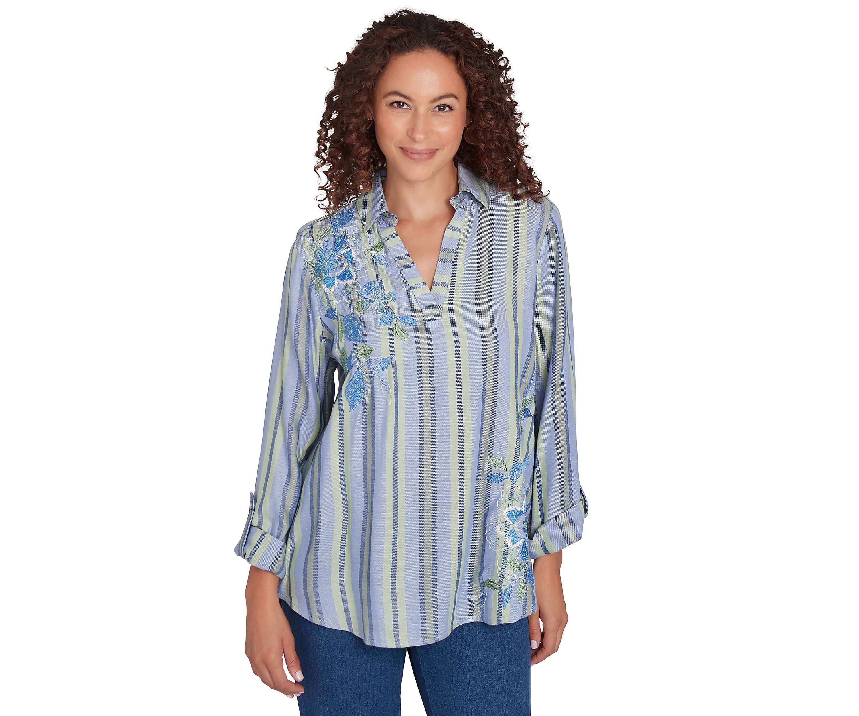 Petite Shirt Collar Floral Embroidered Striped Top