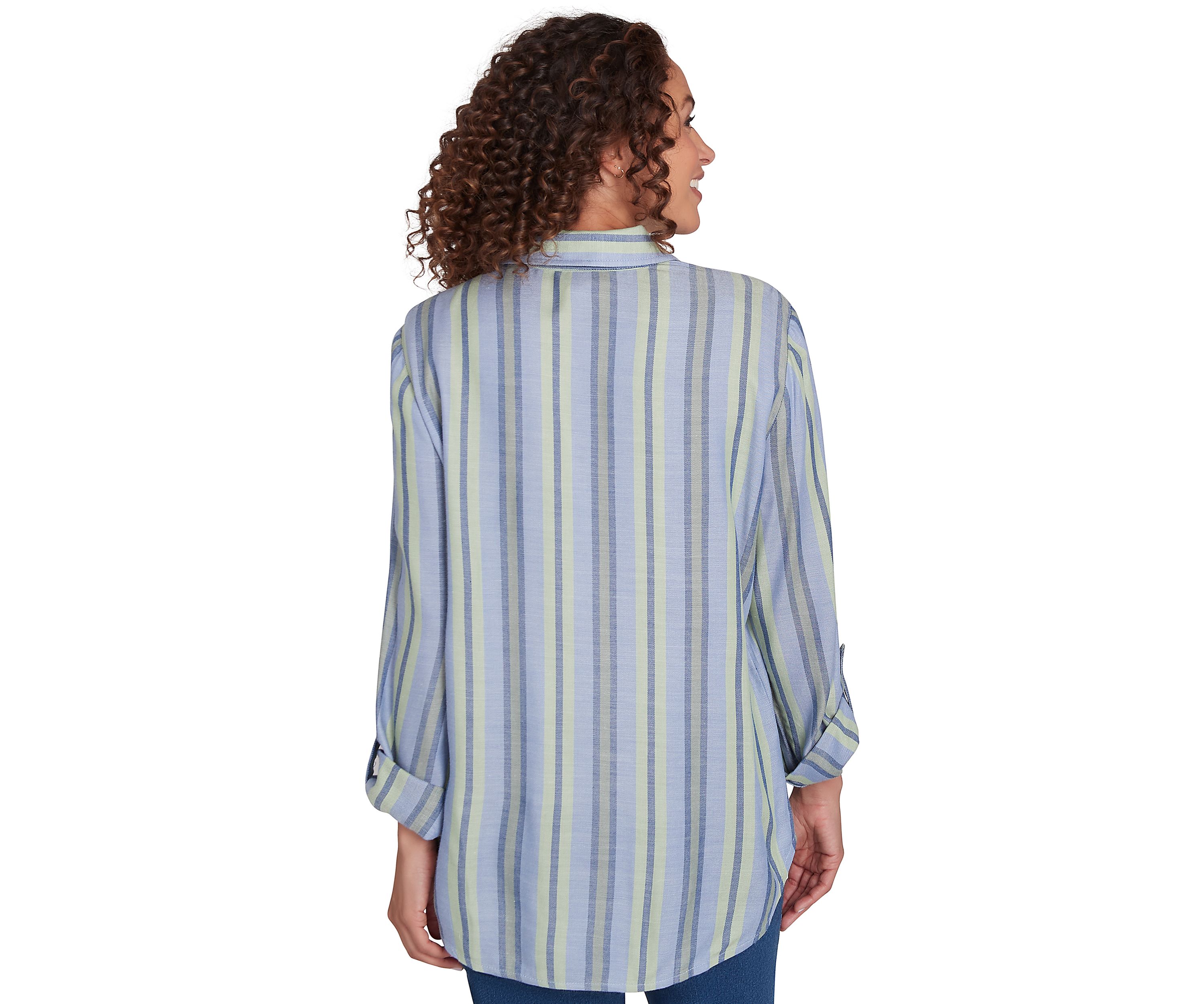 Petite Shirt Collar Floral Embroidered Striped Top
