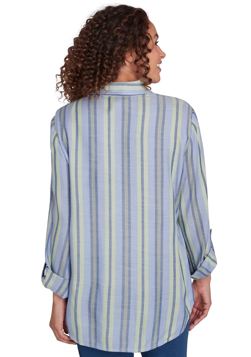 Petite Shirt Collar Floral Embroidered Striped Top
