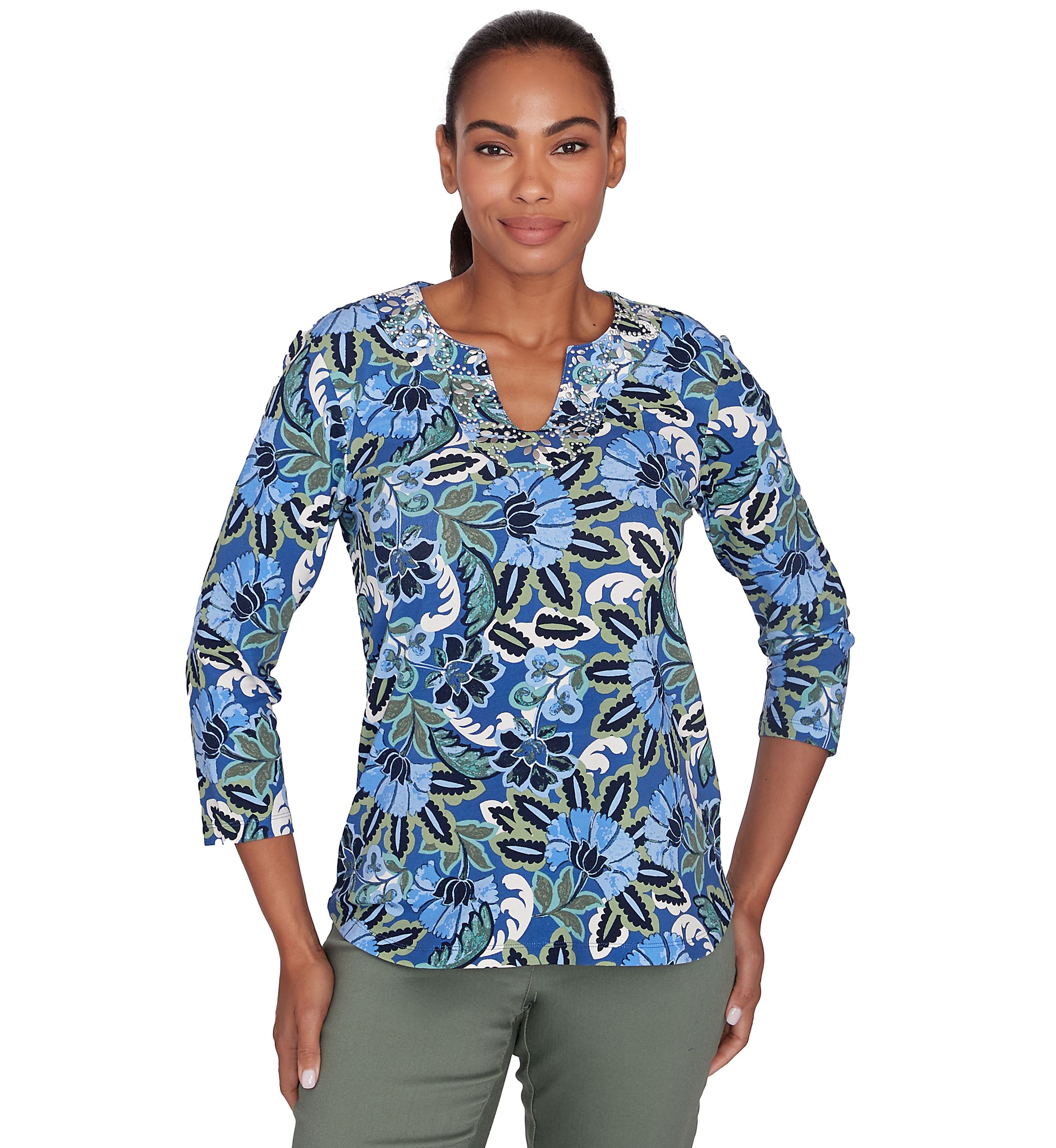 Petite Embellished Split Neck Floral Printed Knit Top