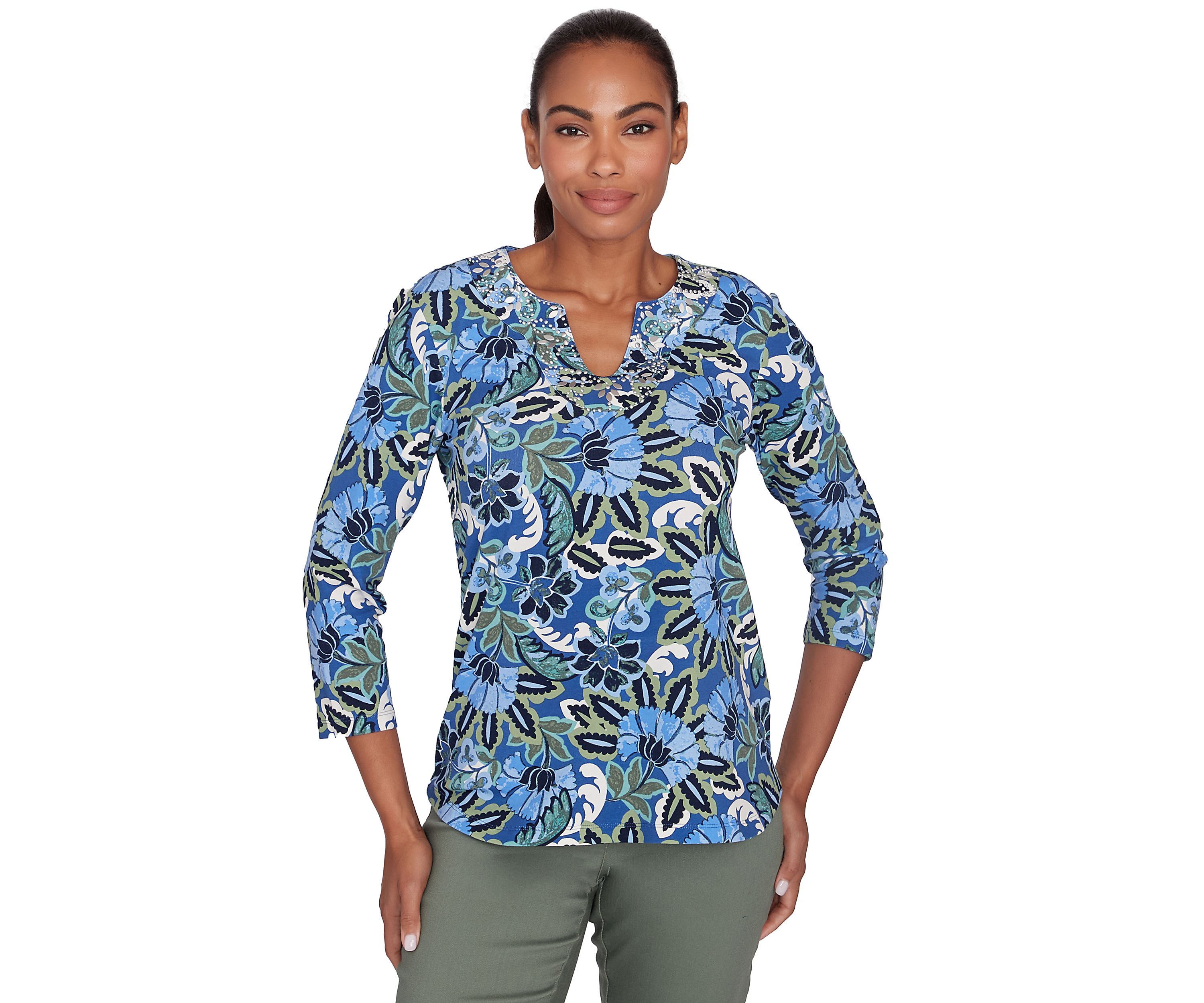 Petite Embellished Split Neck Floral Printed Knit Top