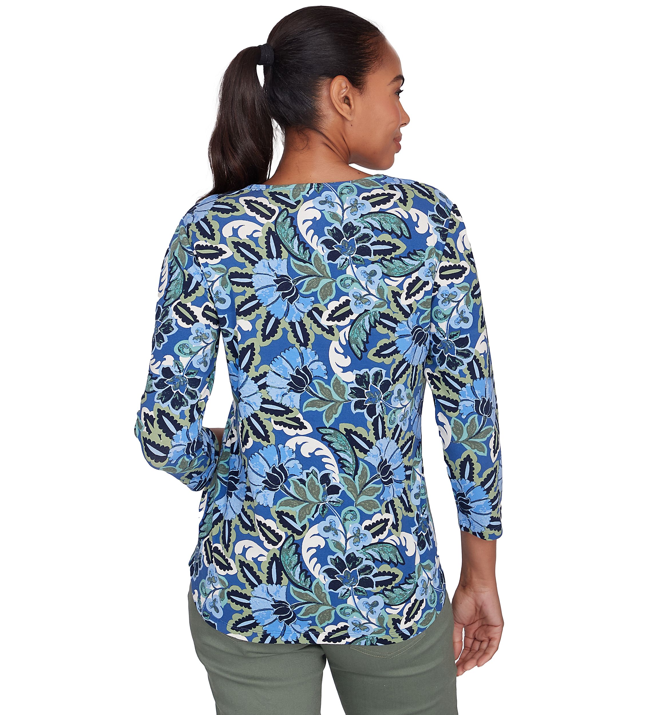 Petite Embellished Split Neck Floral Printed Knit Top