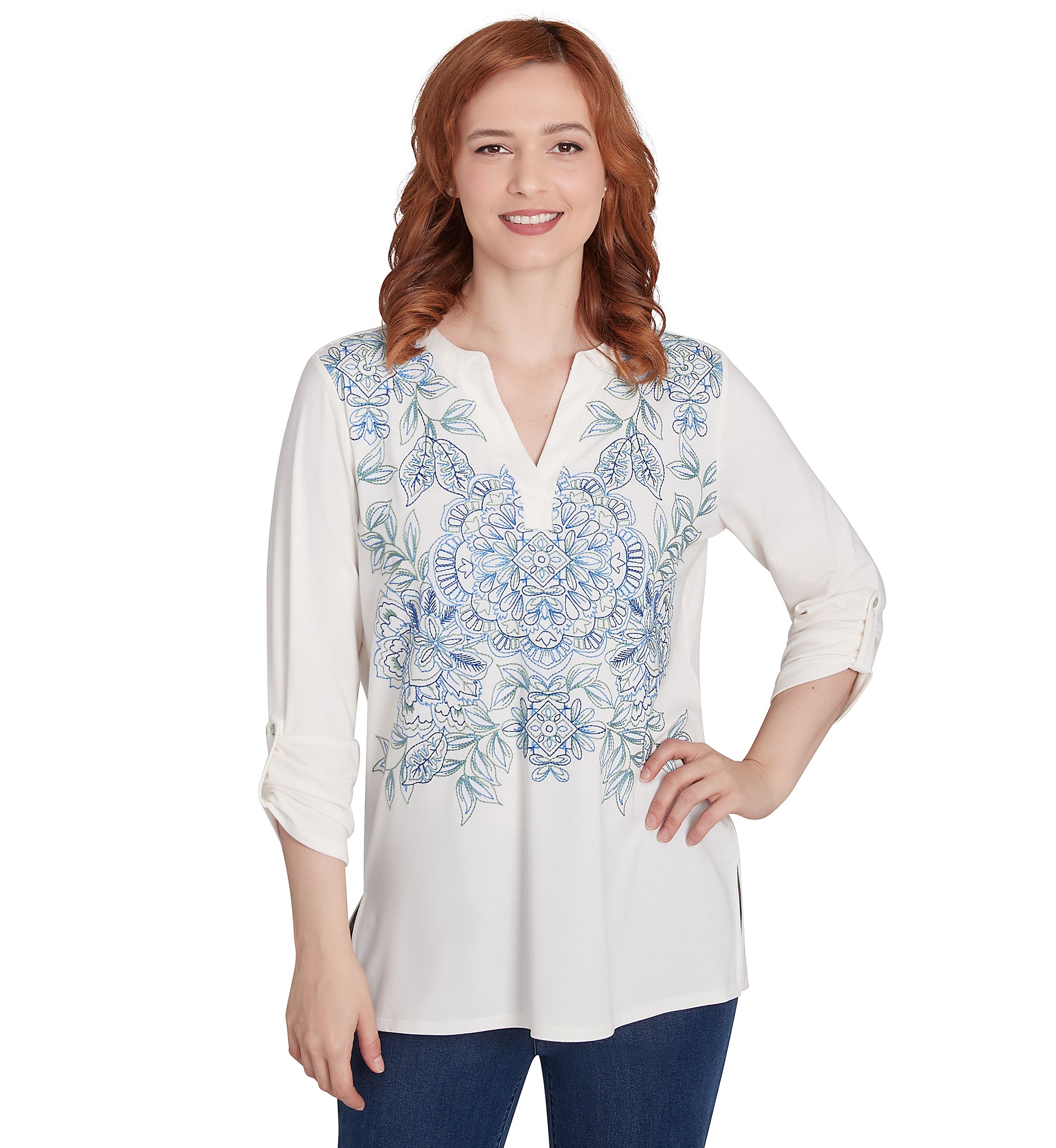 Petite V-Neck Floral Placement Embroidered Knit Top