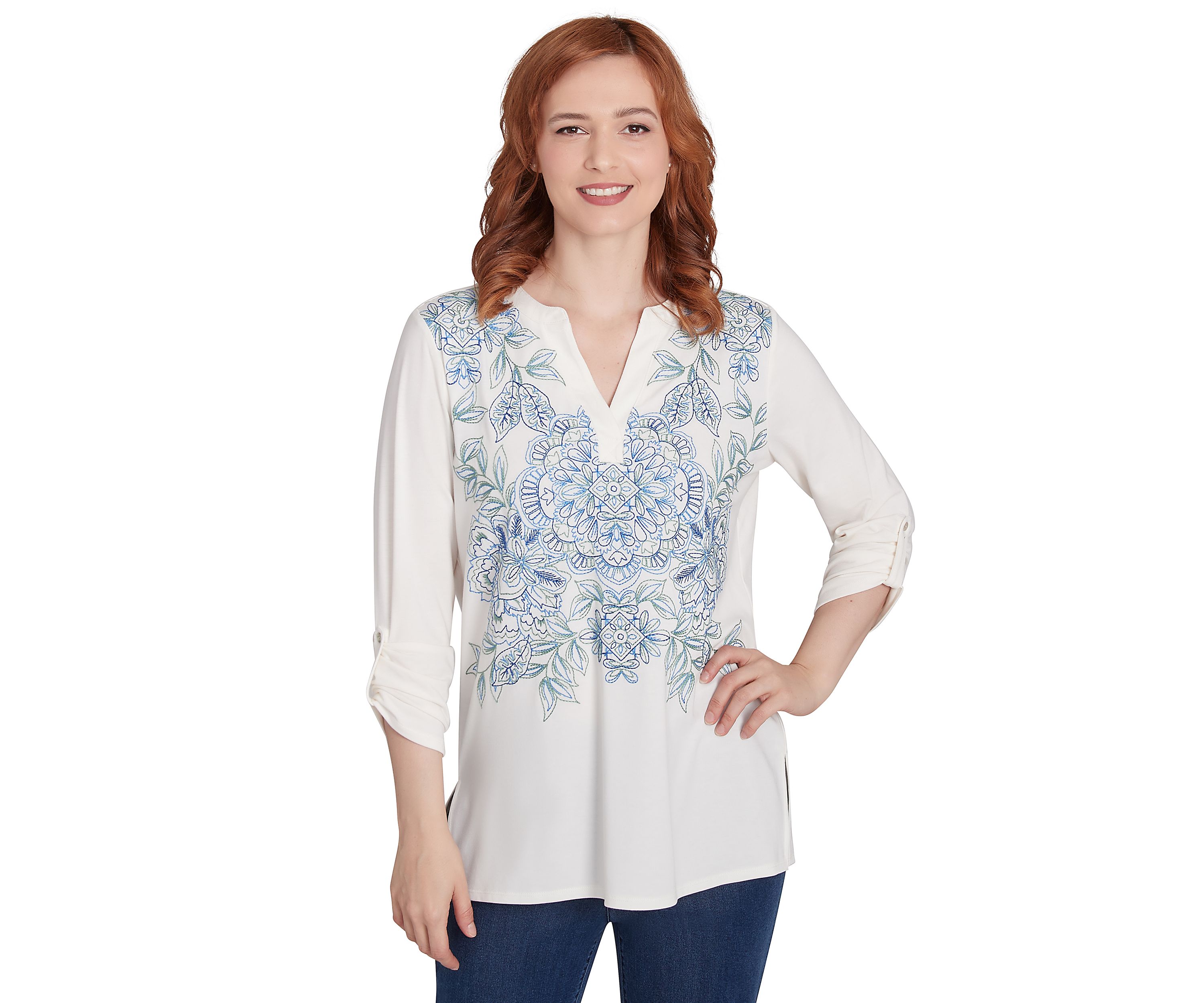 Petite V-Neck Floral Placement Embroidered Knit Top