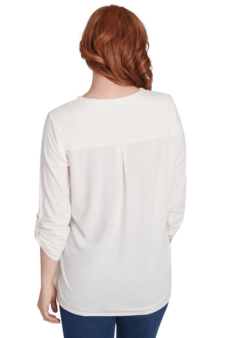 Petite V-Neck Floral Placement Embroidered Knit Top