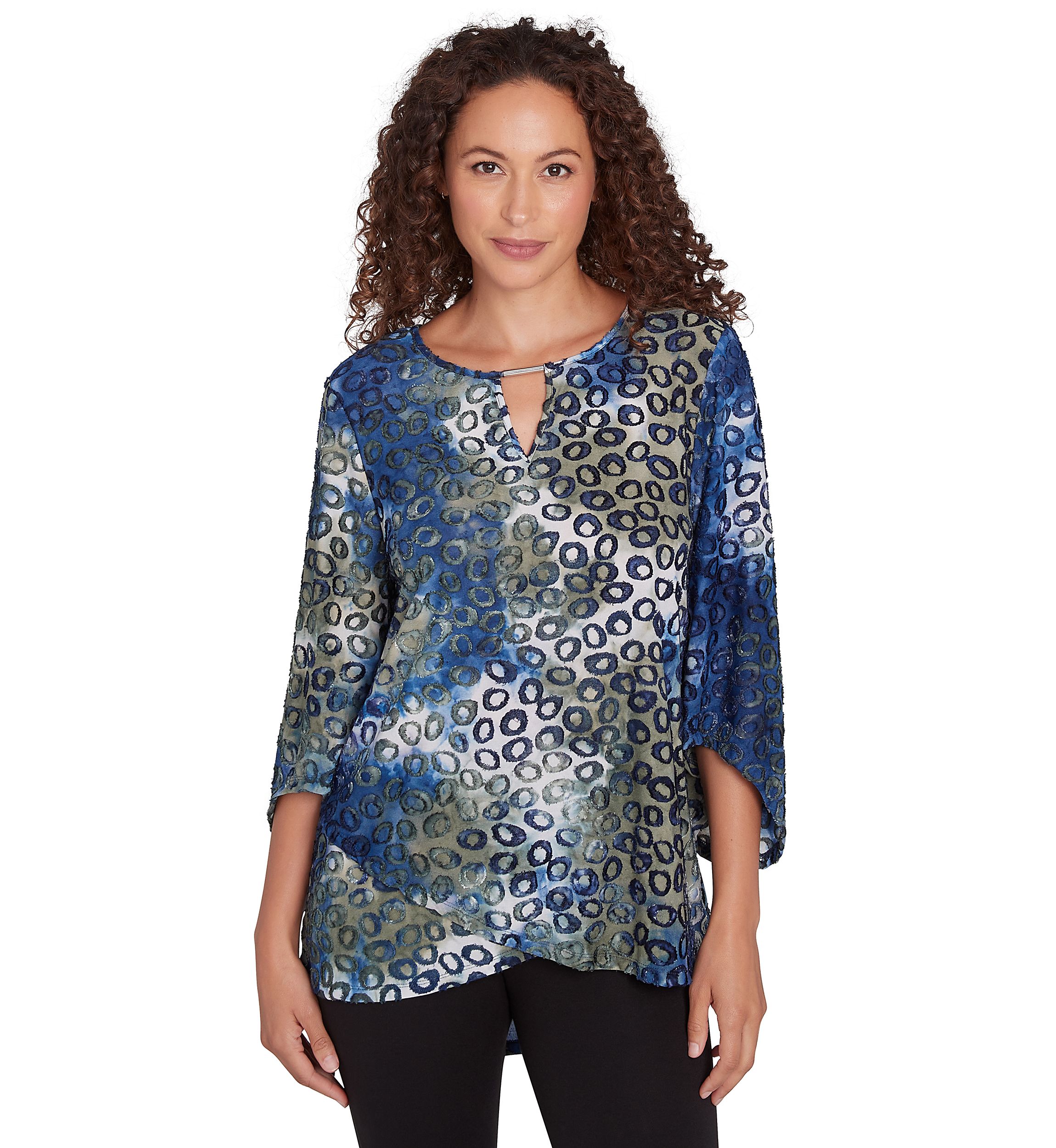 Petite Scoop Neck With Bar Detail Tie Dyed Spots Jacquard Knit Top