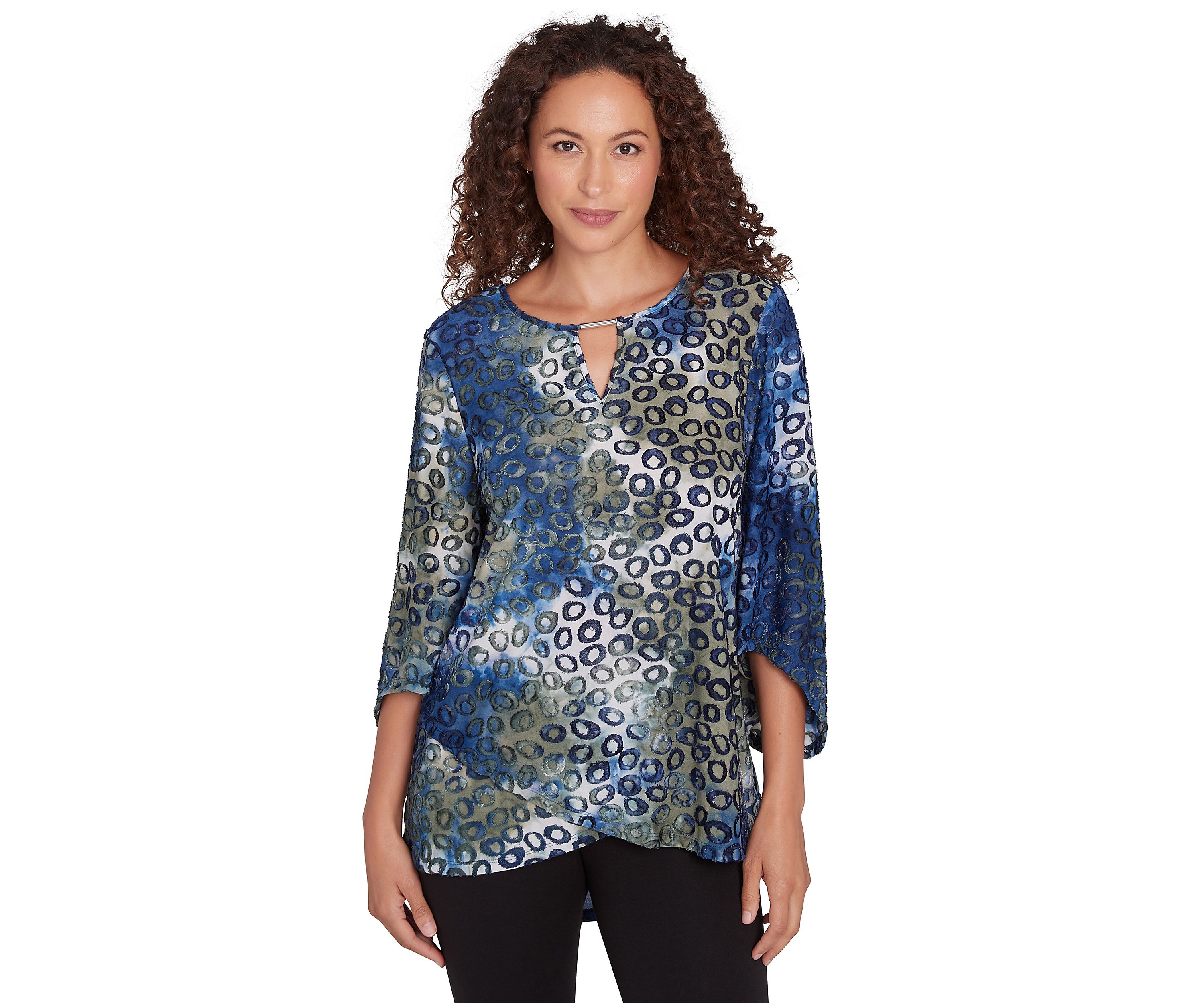 Petite Scoop Neck With Bar Detail Tie Dyed Spots Jacquard Knit Top