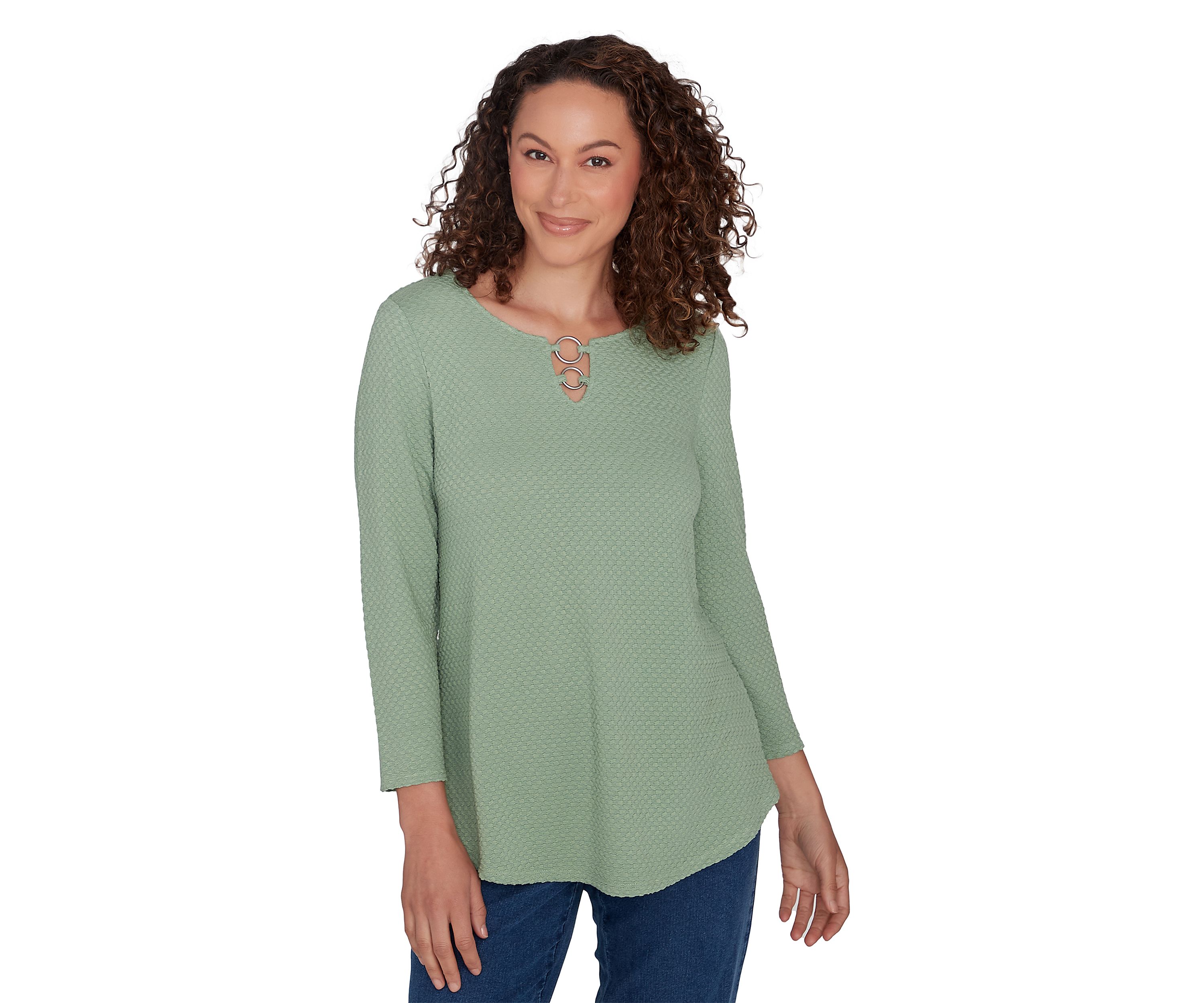 Petite Ring Detail Solid Textural Knit Top