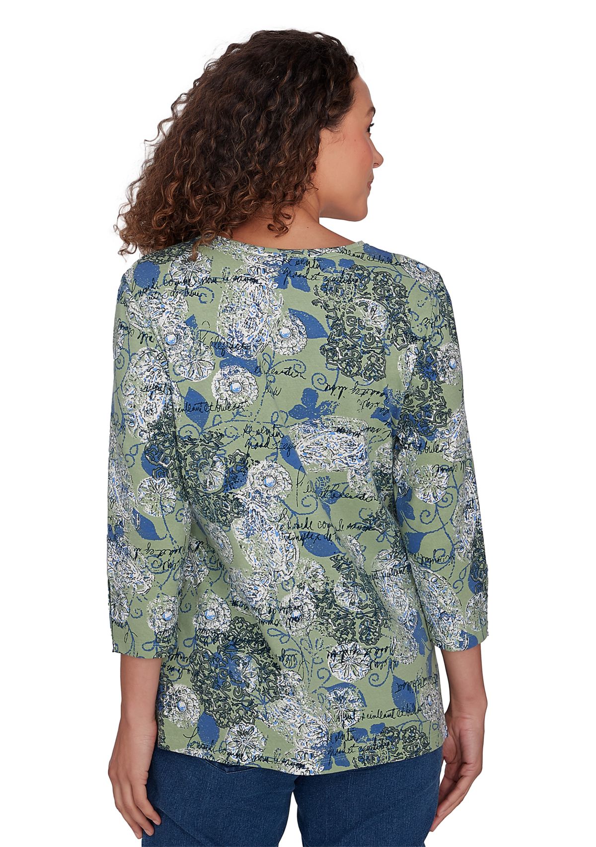 Petite Mock Surplice Medallion Script Printed Knit Top