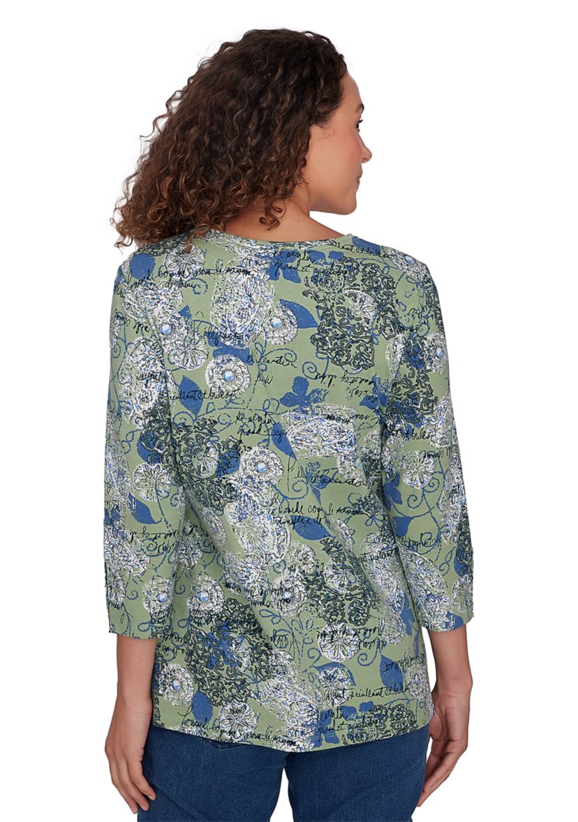 Petite Mock Surplice Medallion Script Printed Knit Top