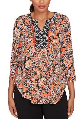 Ruby Rd Women's Artisan Floral Puff Print Pleated Top