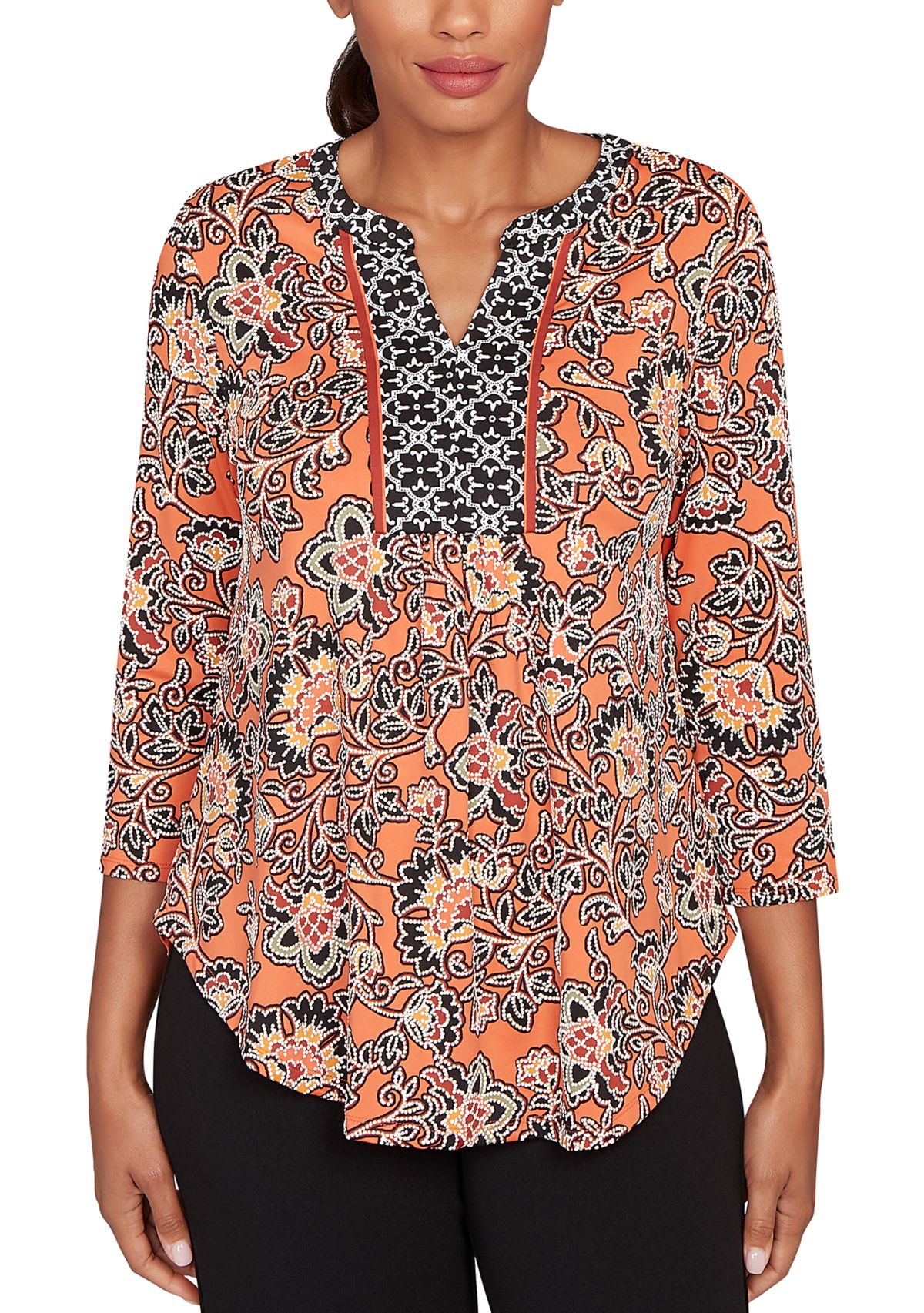 Womens Artisan Floral Puff Print Pleated Top