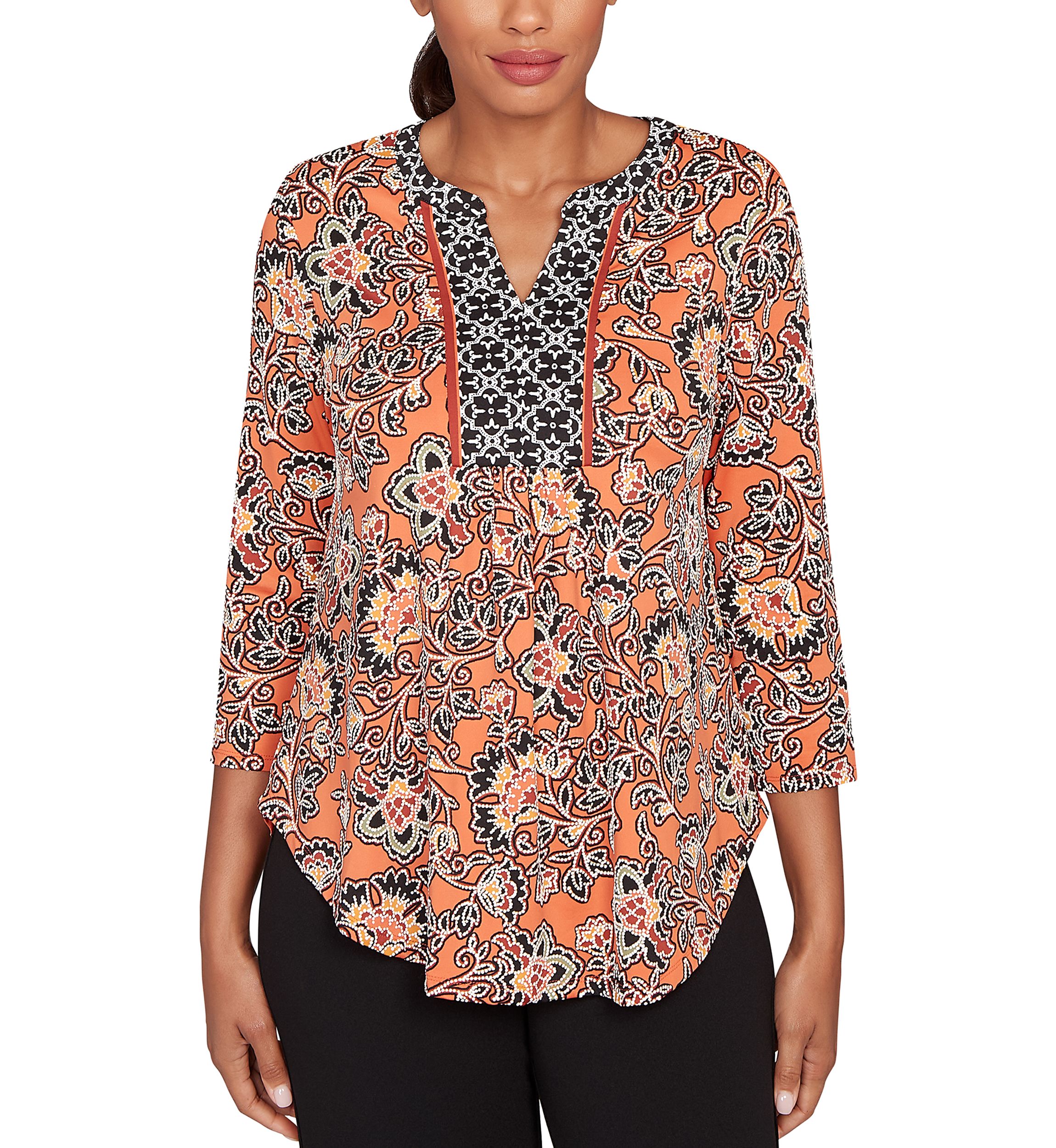 Womens Artisan Floral Puff Print Pleated Top