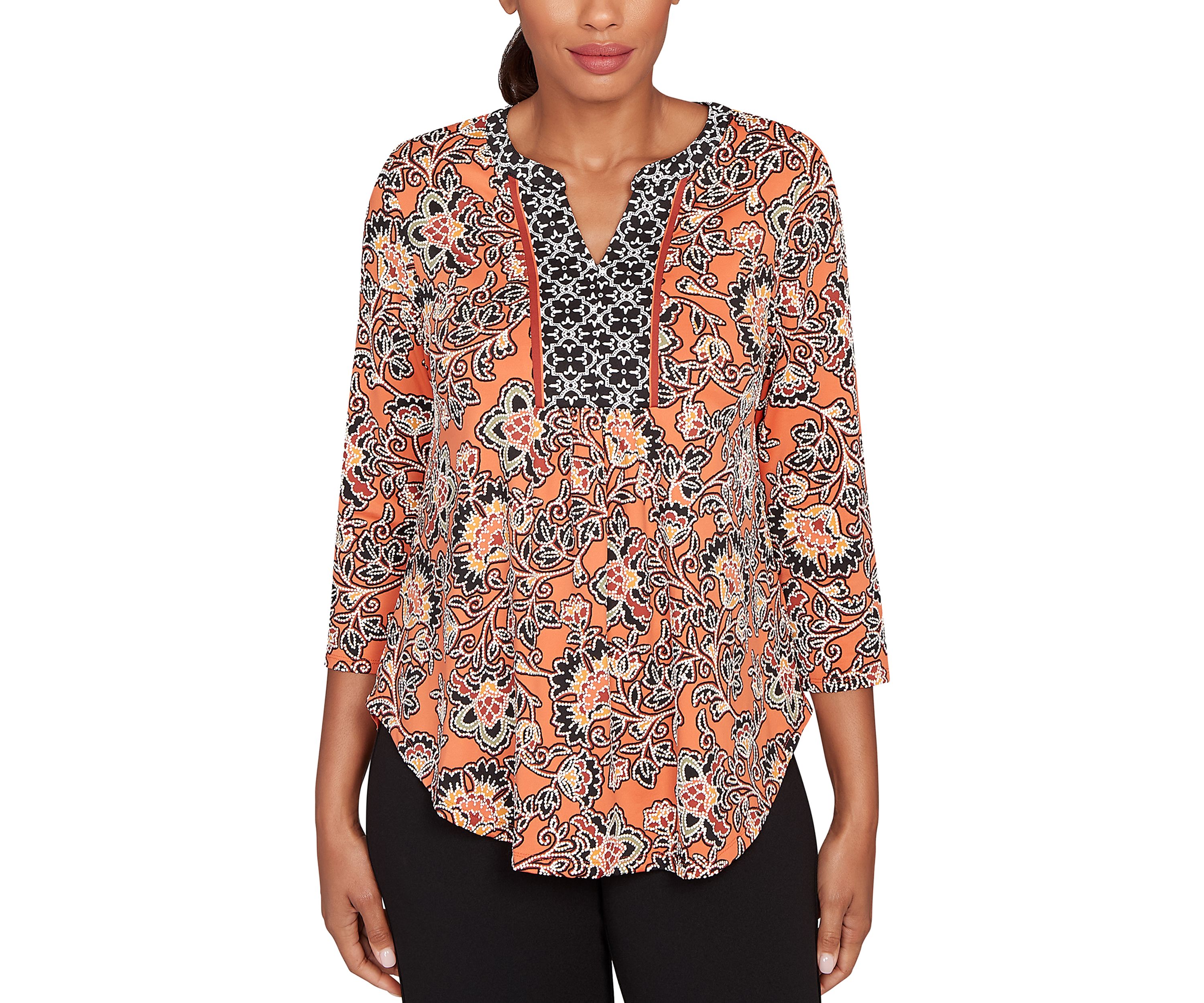 Womens Artisan Floral Puff Print Pleated Top