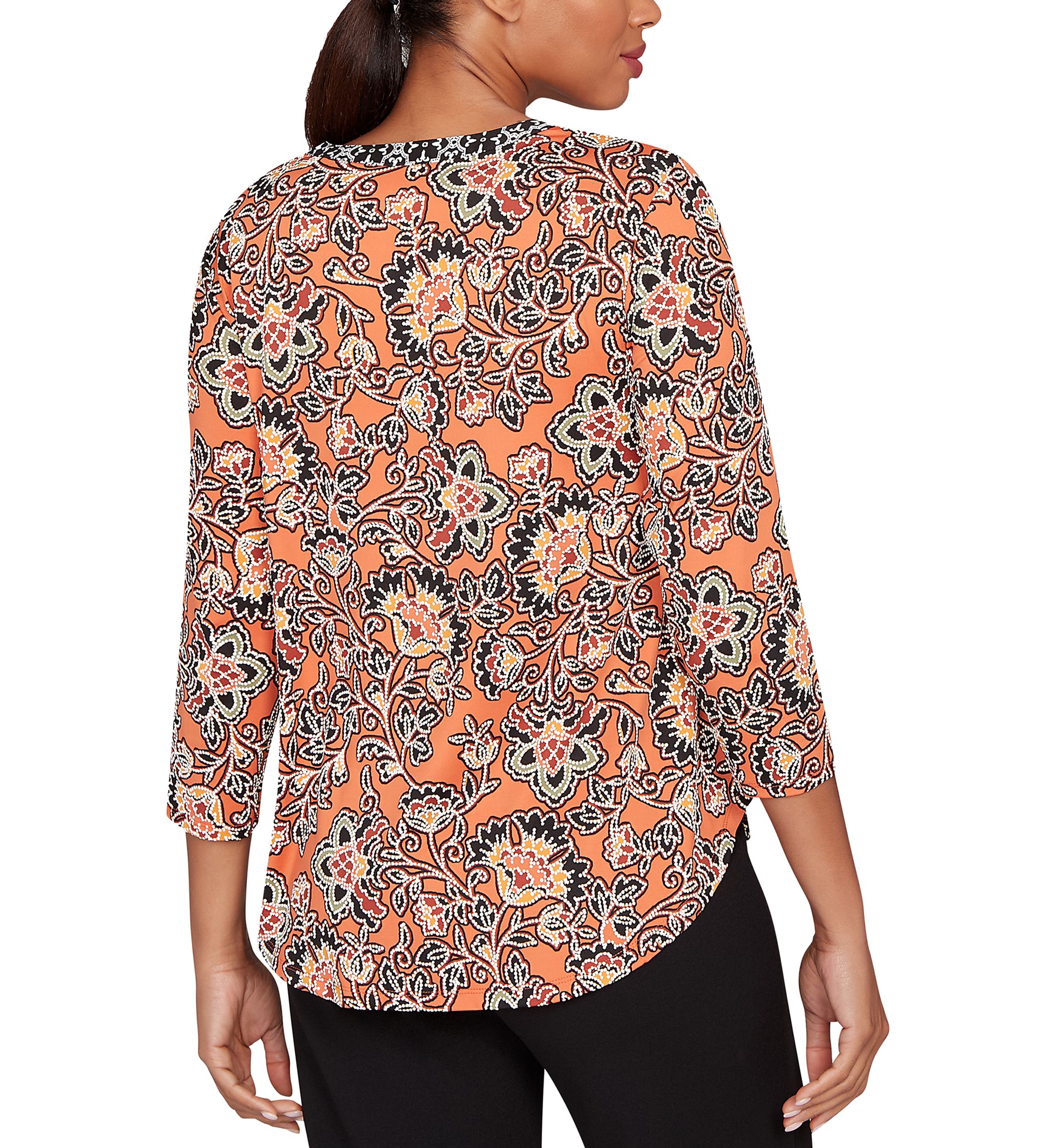Womens Artisan Floral Puff Print Pleated Top